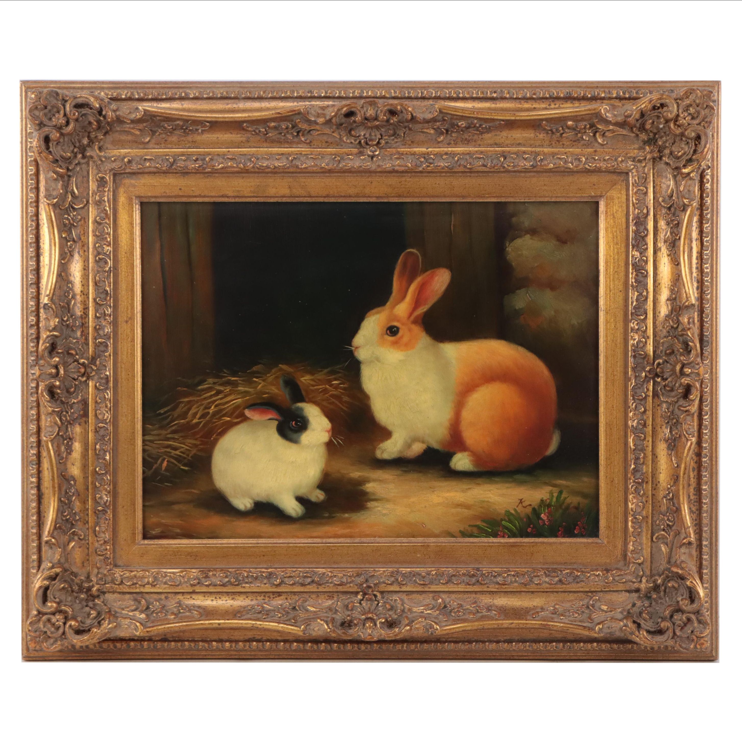 Oil Painting of Two Rabbits in Barn