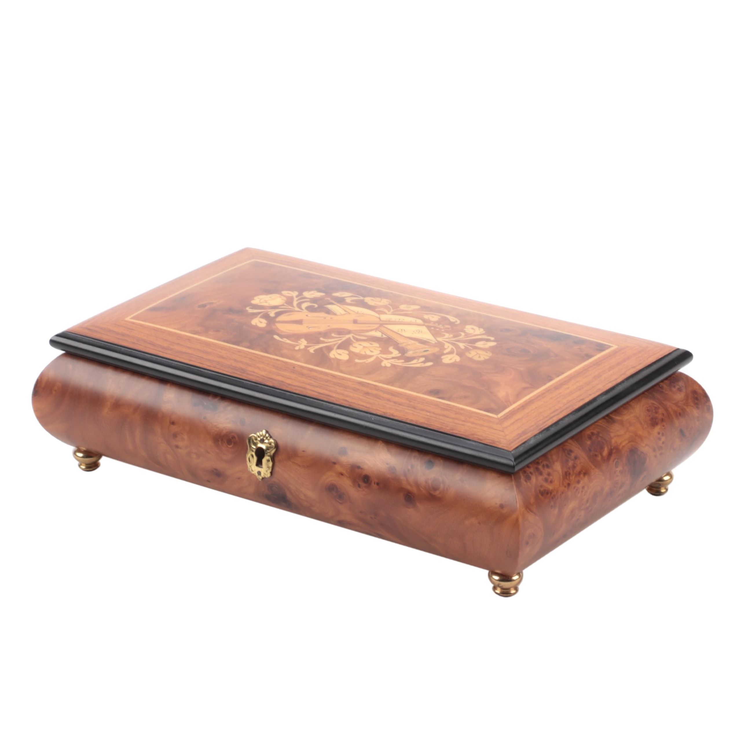 Reuge Italian Marquetry Inlaid Walnut Music / Jewelry Box