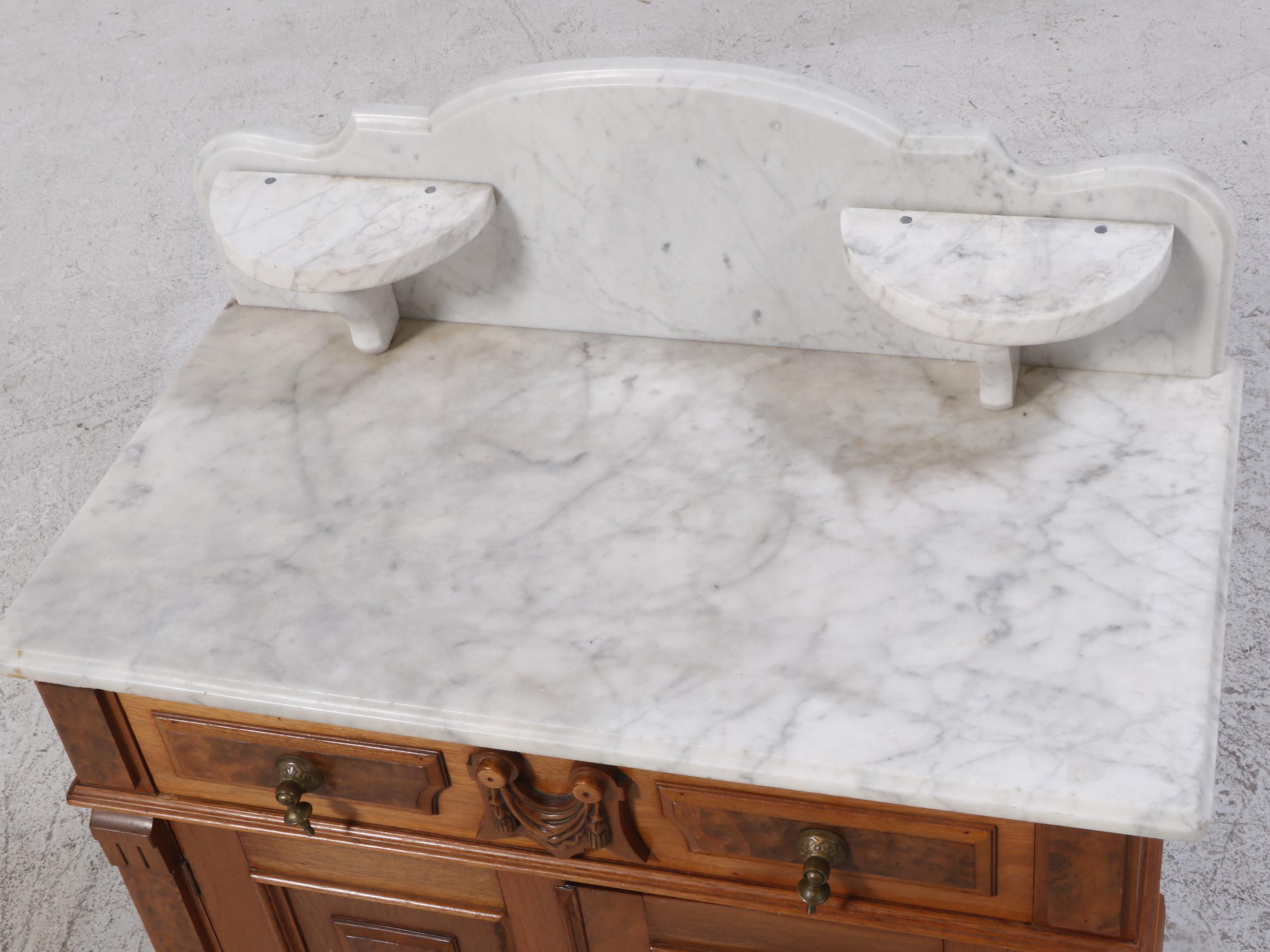 Victorian Eastlake Style Walnut and Burl Marble Top Washstand, 1870-1900