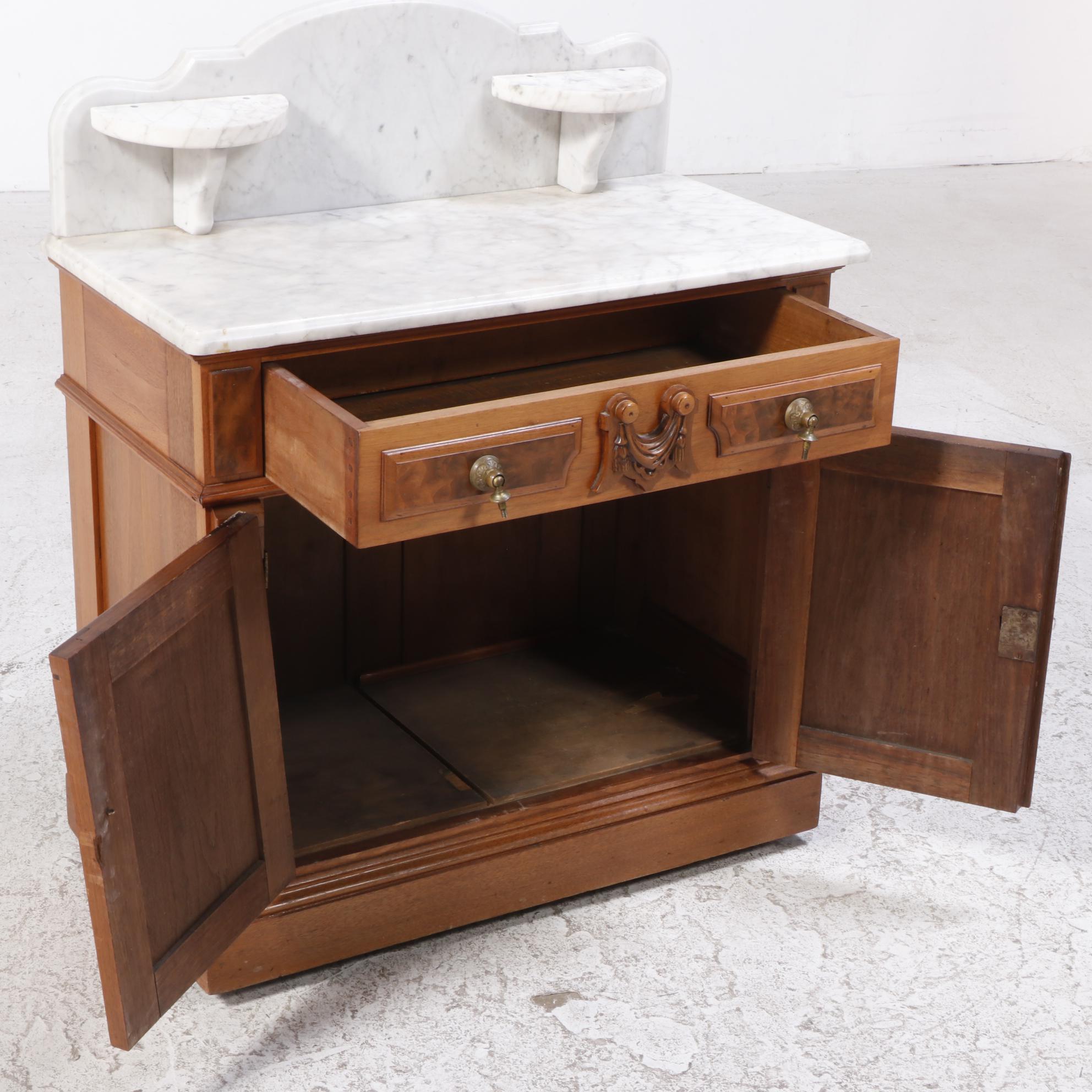 Victorian Eastlake Style Walnut and Burl Marble Top Washstand, 1870-1900