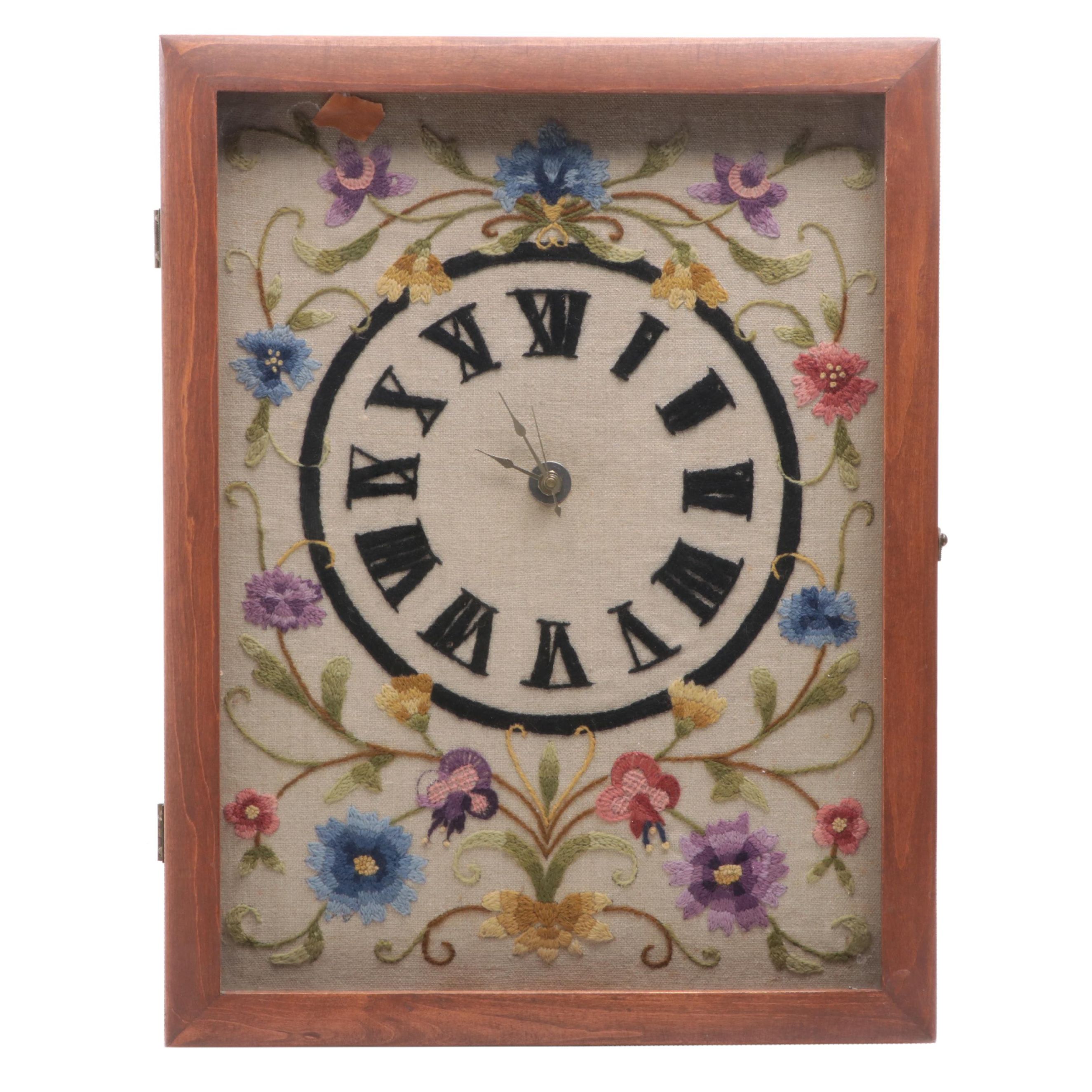 Handmade Embroidered Floral Motif Wood Case Wall Clock