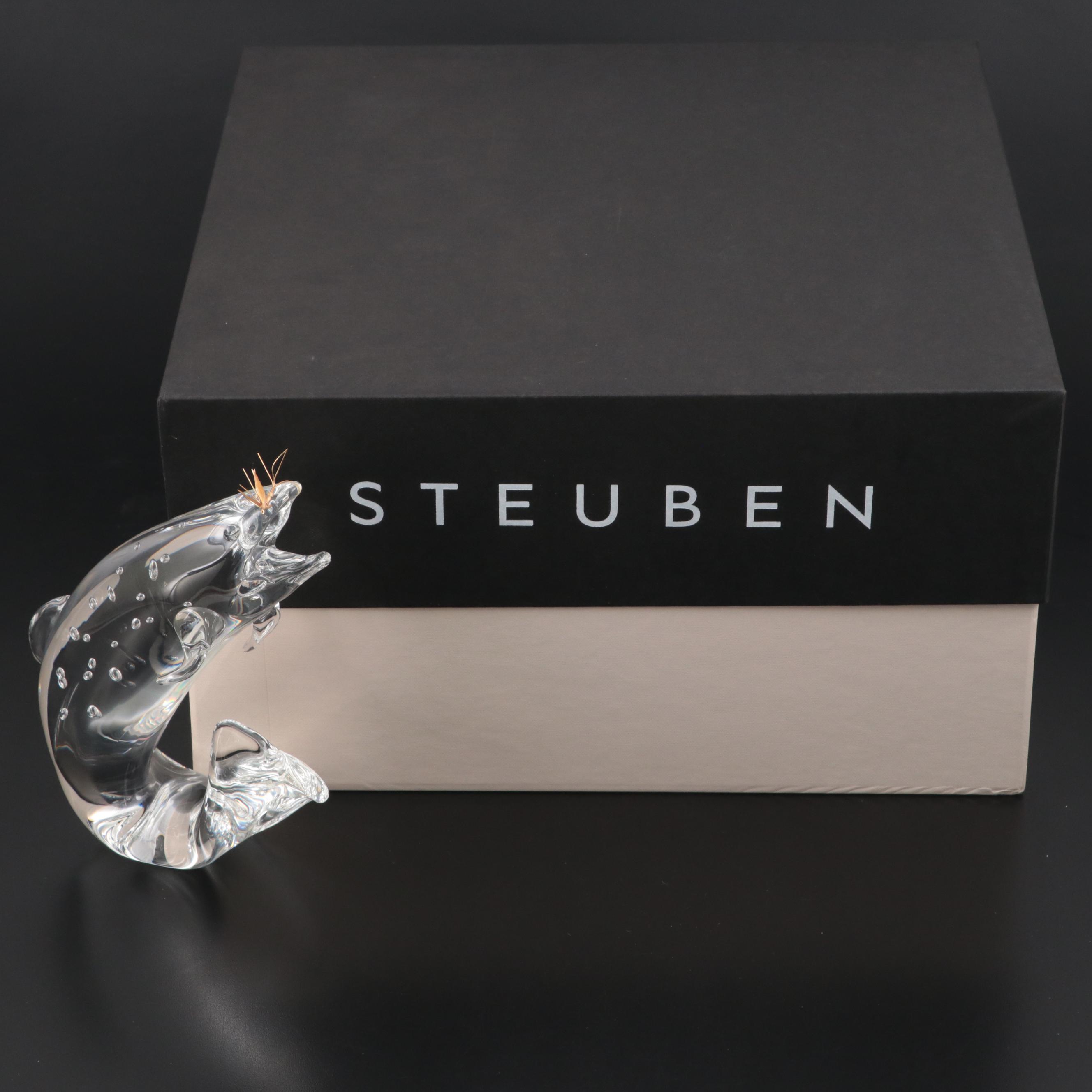 Steuben Art Glass "Trout and Fly" Figurine Designed by James Houston