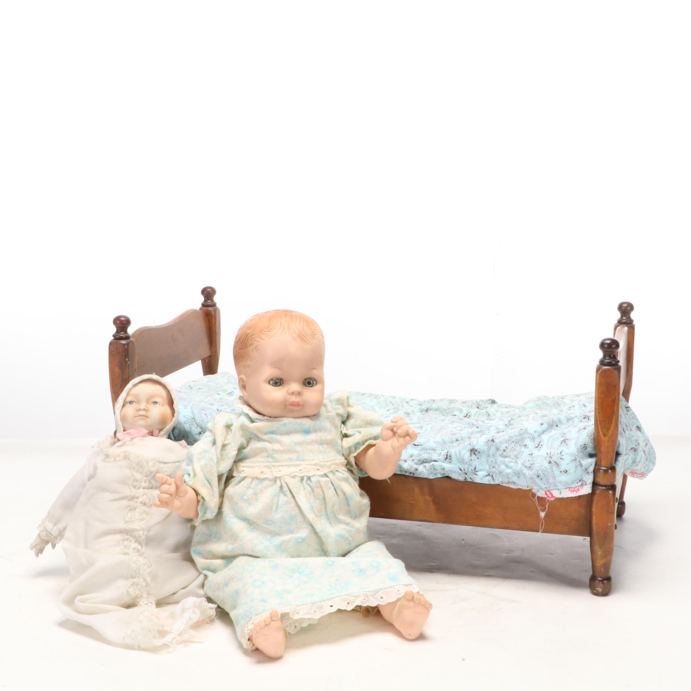 Sleep Eye Doll With Porcelain Doll and Wood Doll Bed