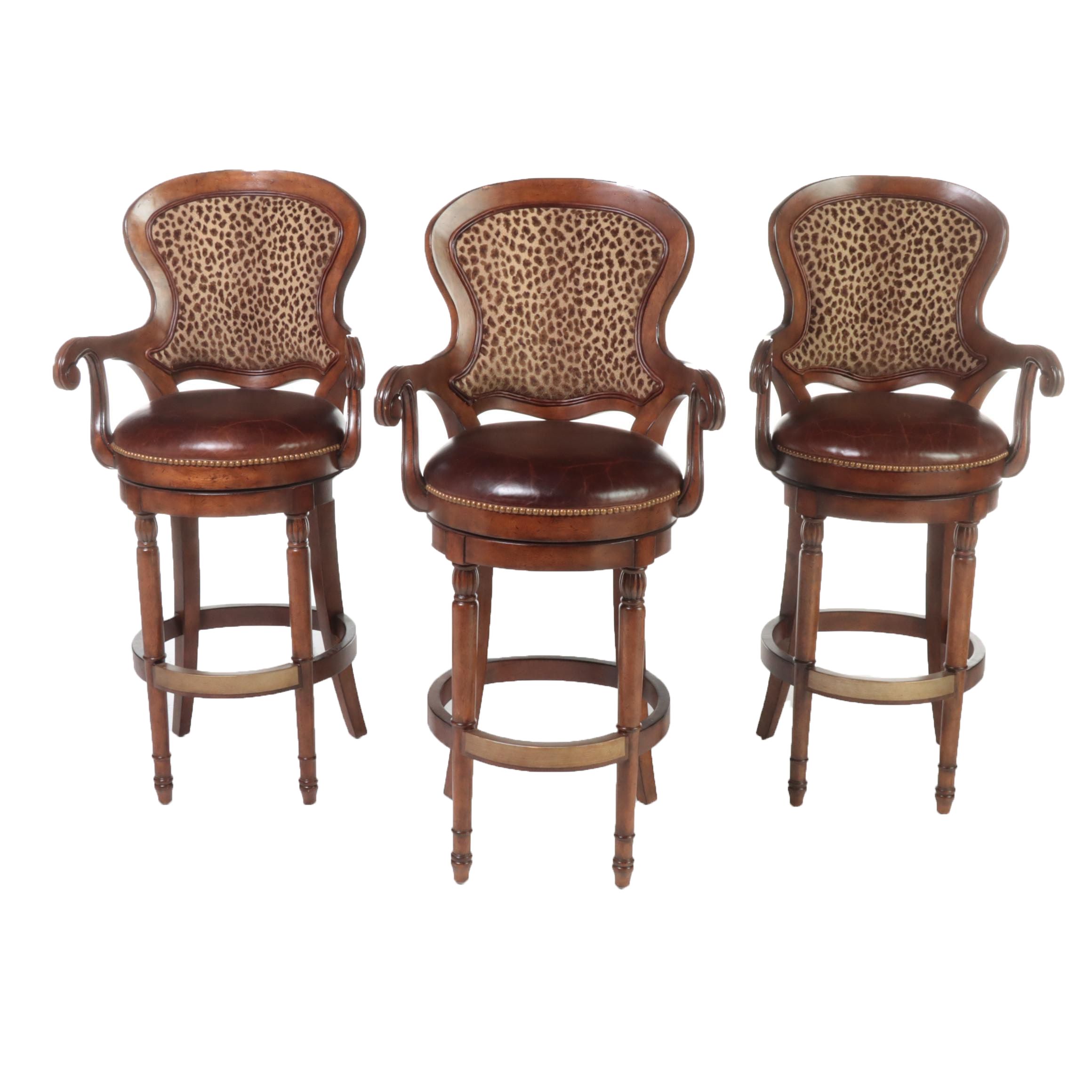 Three Drexel Heritage "Epicurean" Leather and Leopard-Print Swivel Bar Stools