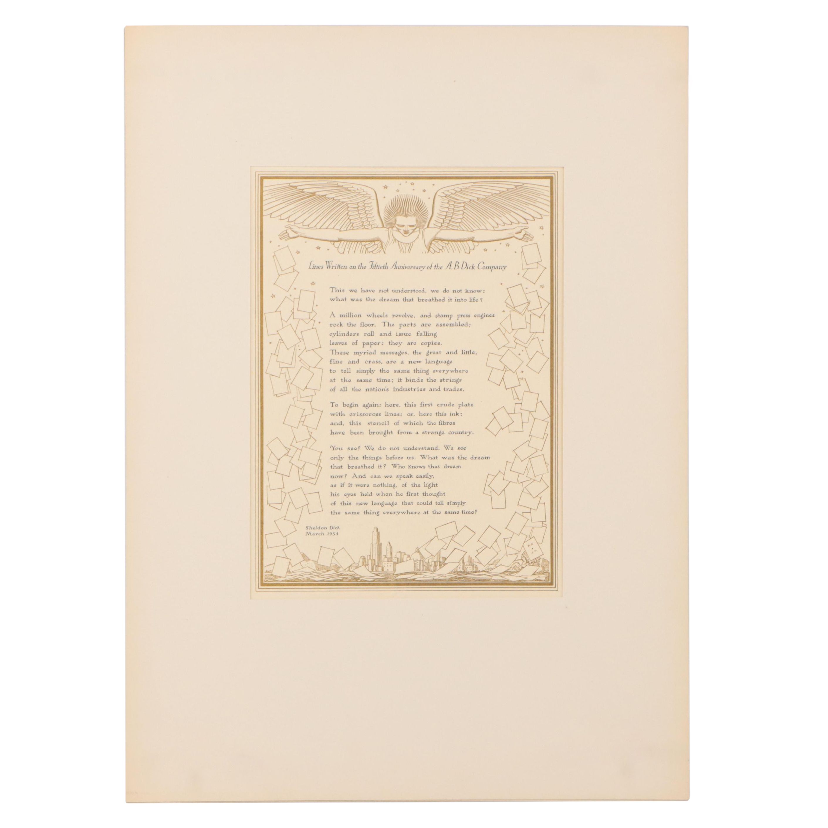 Rockwell Kent Art Deco Wood Engraving With Text, Circa 1934