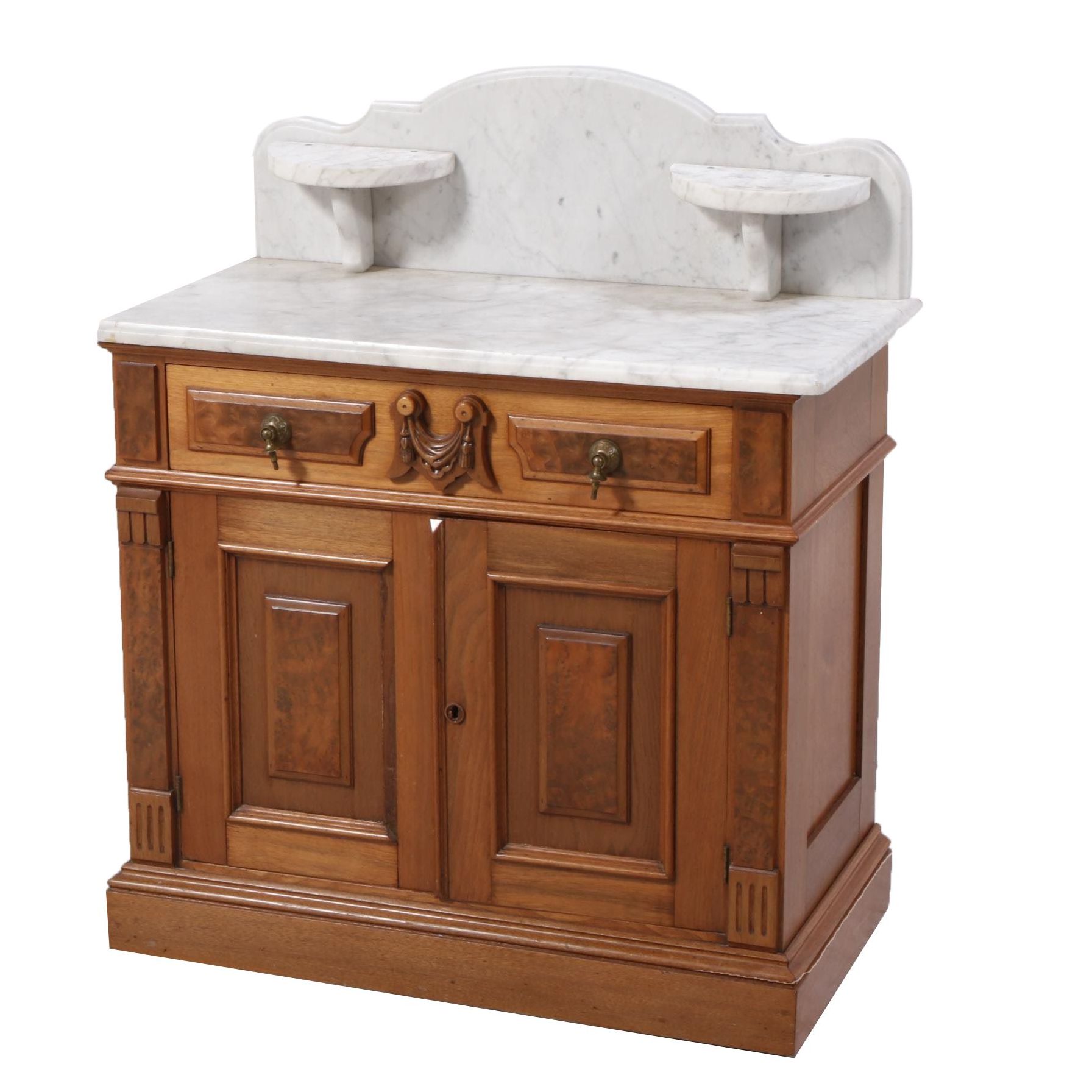 Victorian Eastlake Style Walnut and Burl Marble Top Washstand, 1870-1900