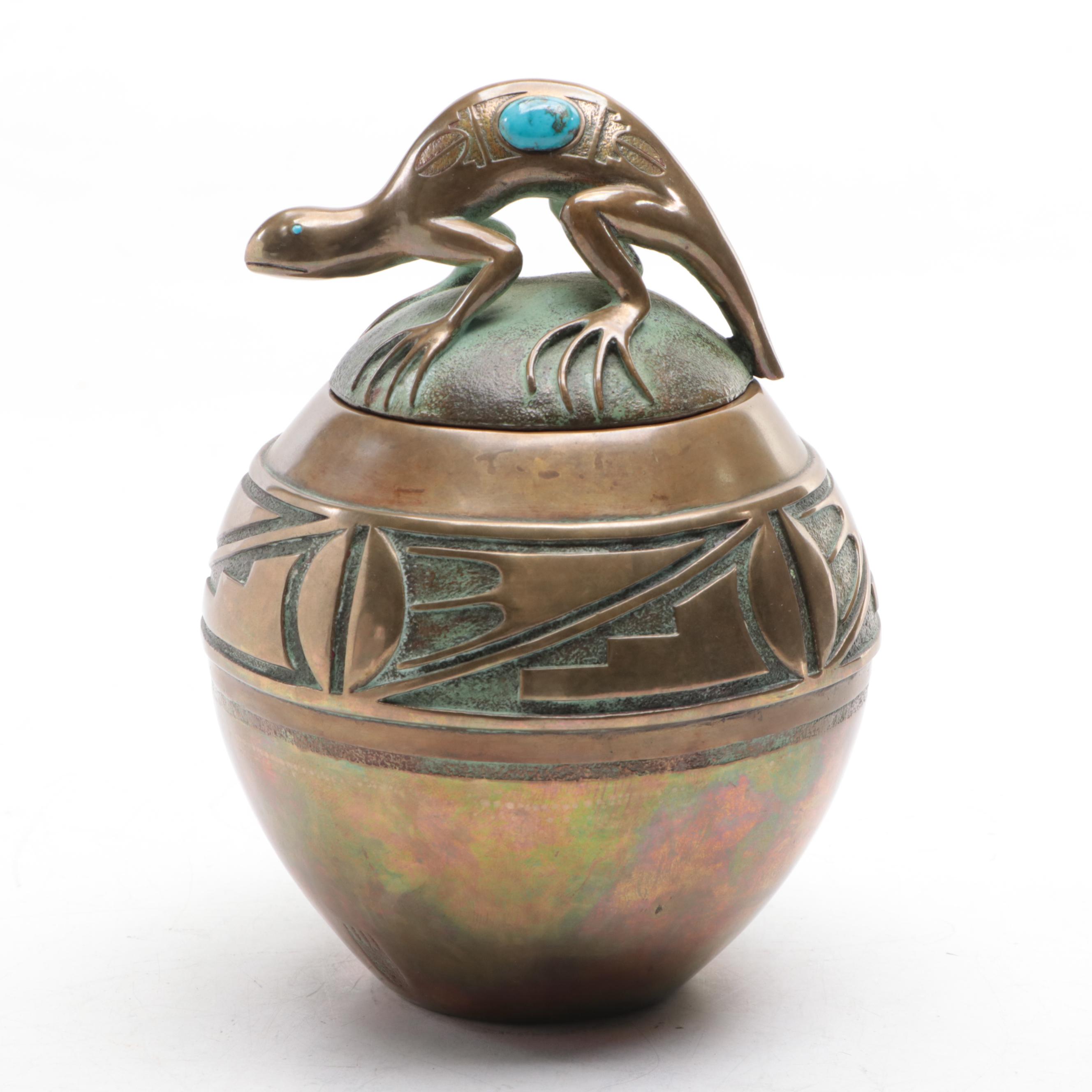 Tony Da San Ildefonso Pueblo Cast Bronze and Turquoise Lizard Lidded Jar
