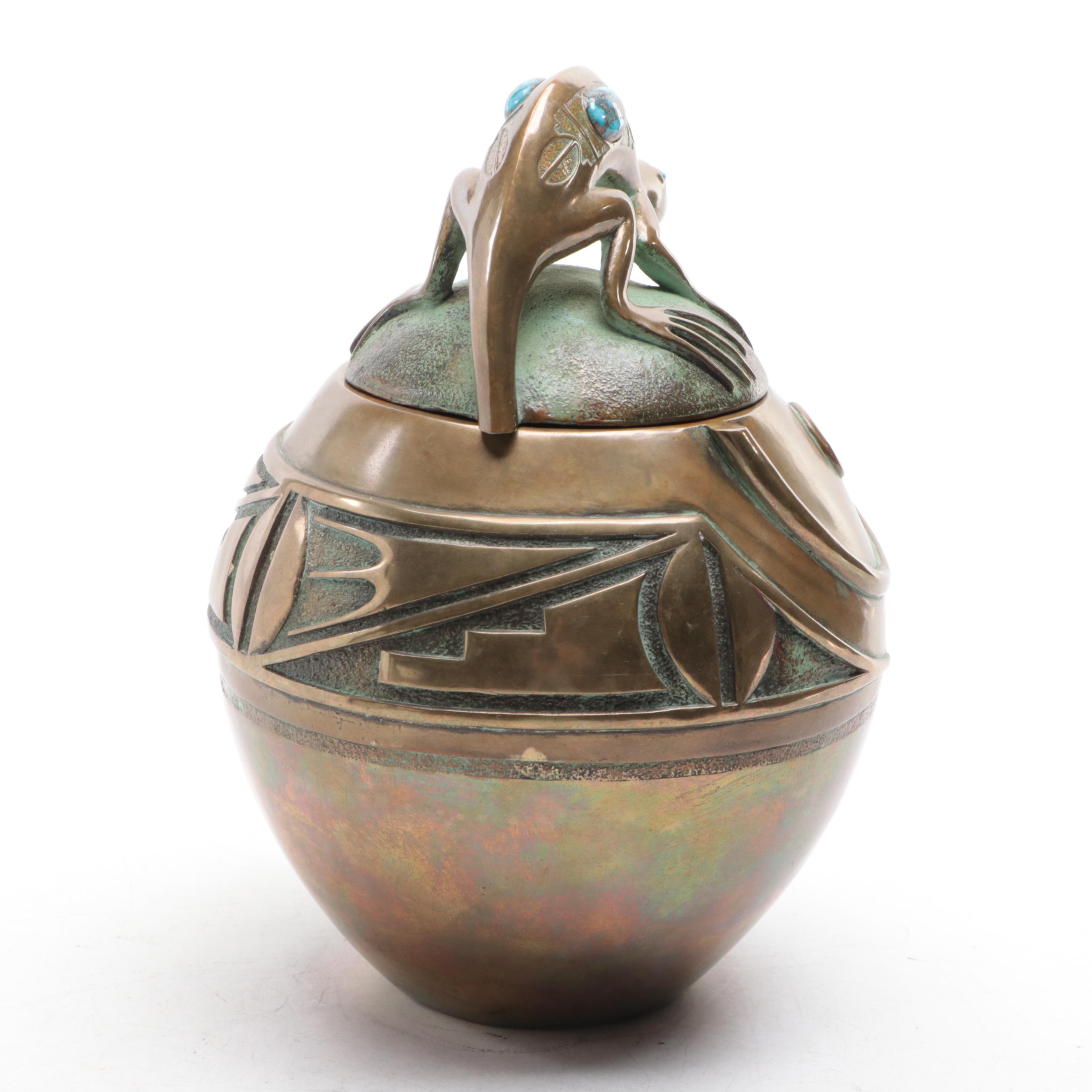 Tony Da San Ildefonso Pueblo Cast Bronze and Turquoise Lizard Lidded Jar