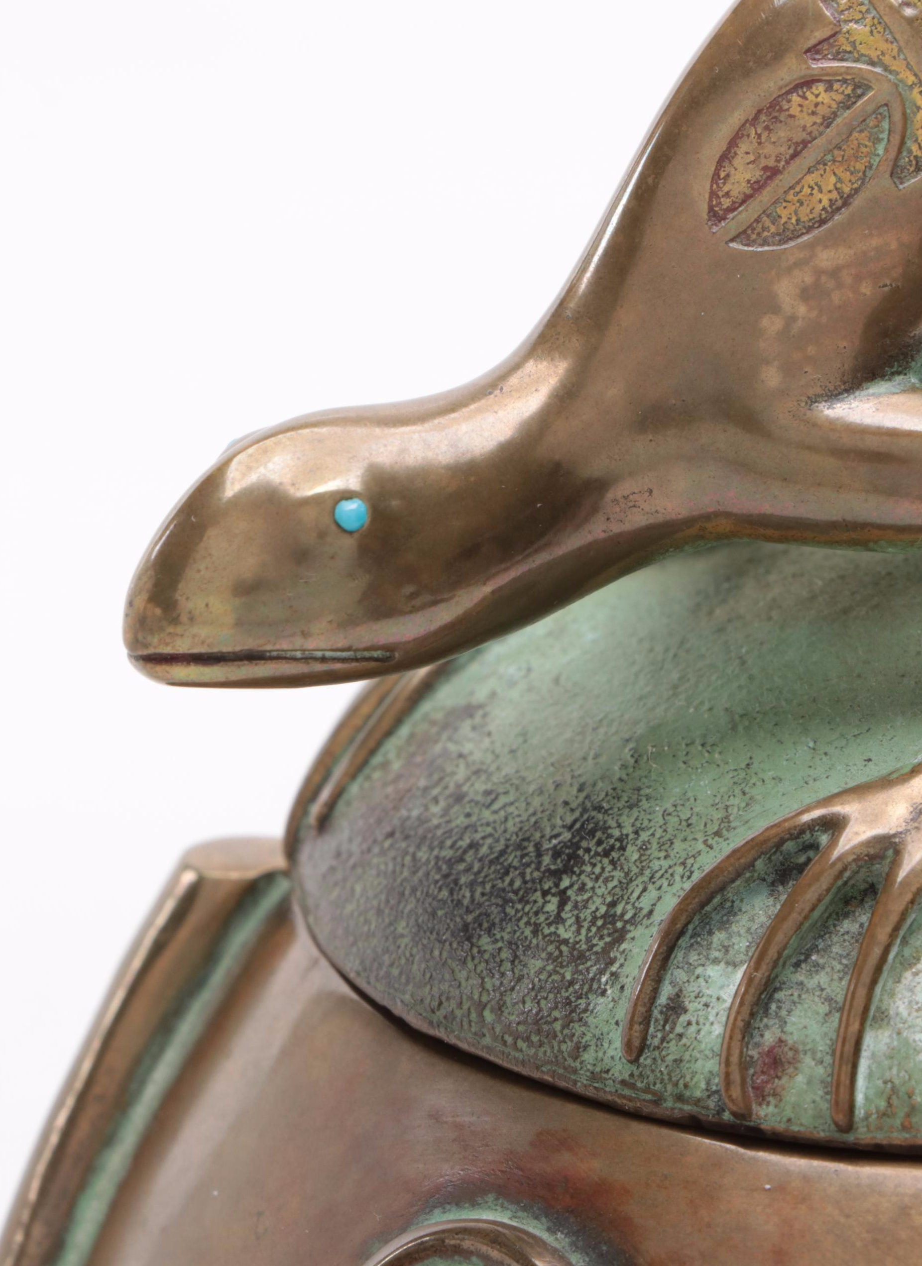Tony Da San Ildefonso Pueblo Cast Bronze and Turquoise Lizard Lidded Jar