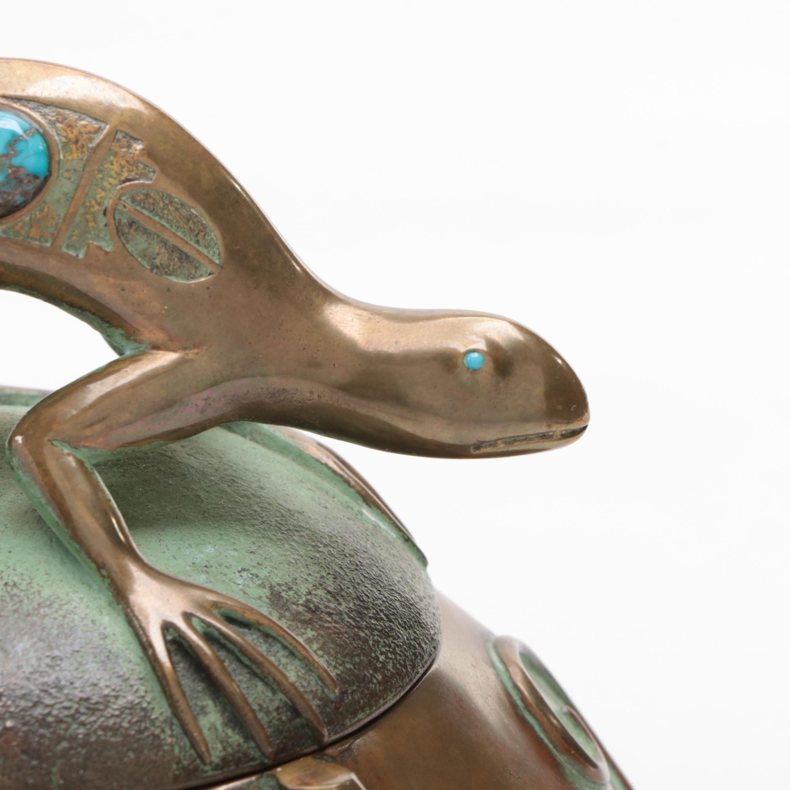 Tony Da San Ildefonso Pueblo Cast Bronze and Turquoise Lizard Lidded Jar