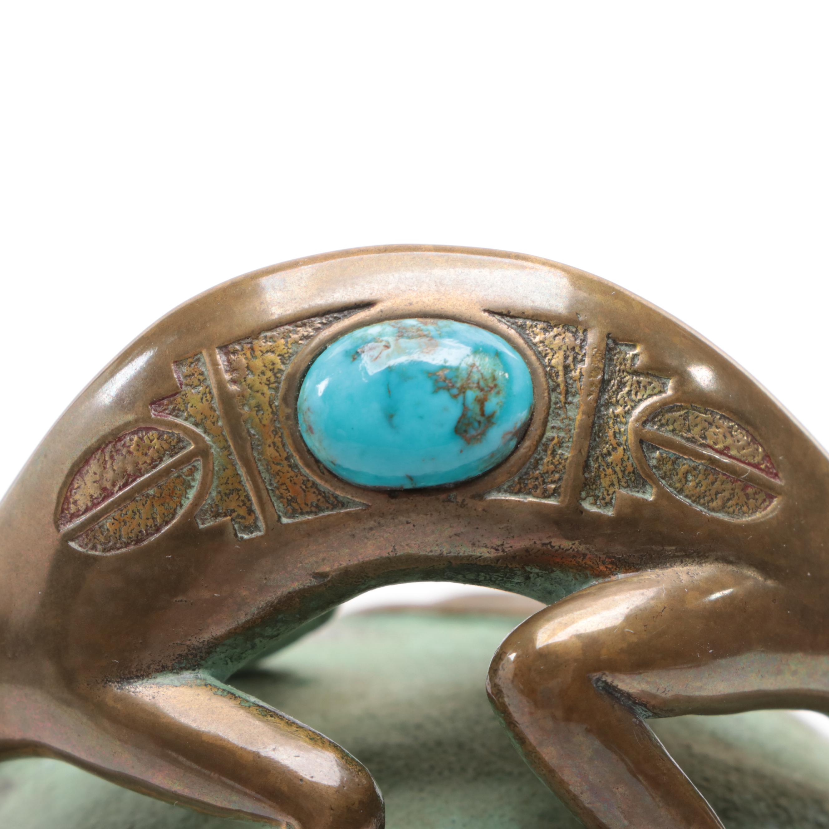 Tony Da San Ildefonso Pueblo Cast Bronze and Turquoise Lizard Lidded Jar