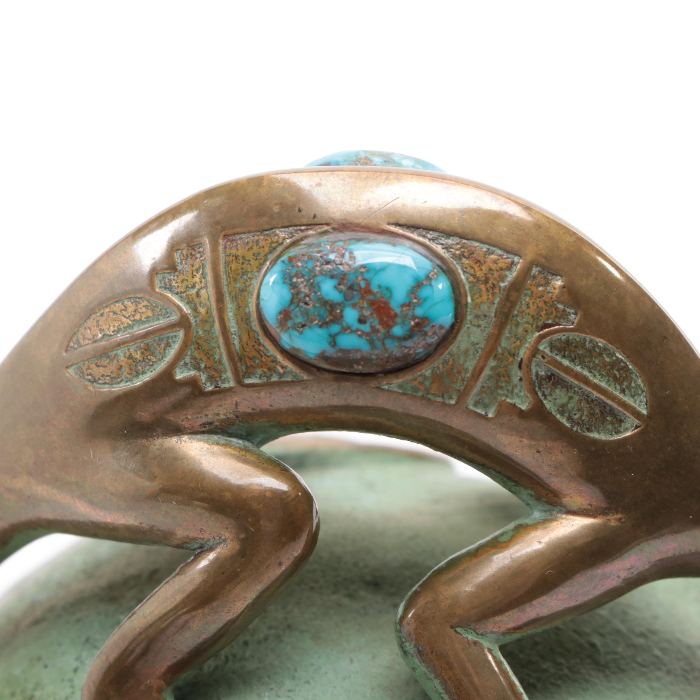 Tony Da San Ildefonso Pueblo Cast Bronze and Turquoise Lizard Lidded Jar