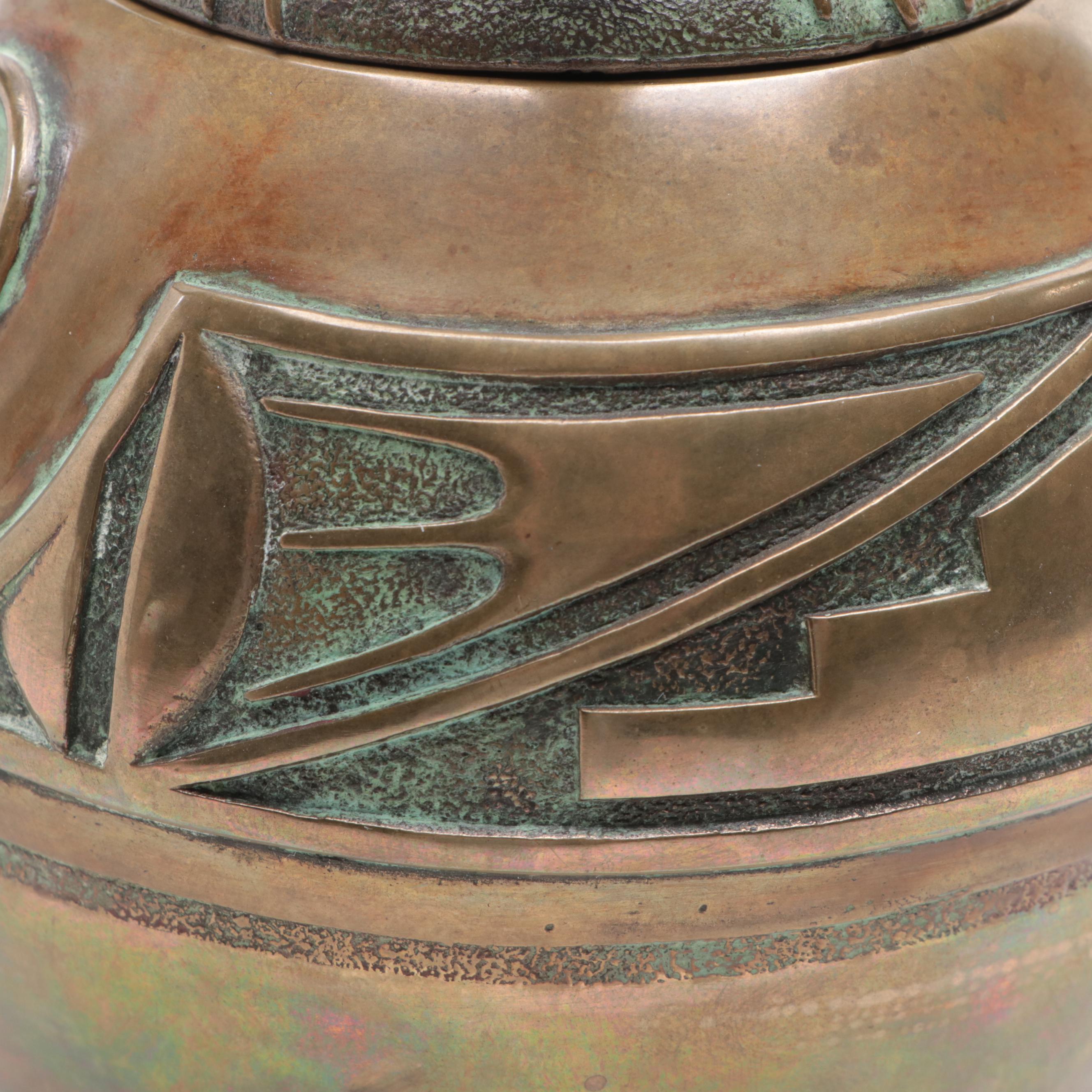 Tony Da San Ildefonso Pueblo Cast Bronze and Turquoise Lizard Lidded Jar