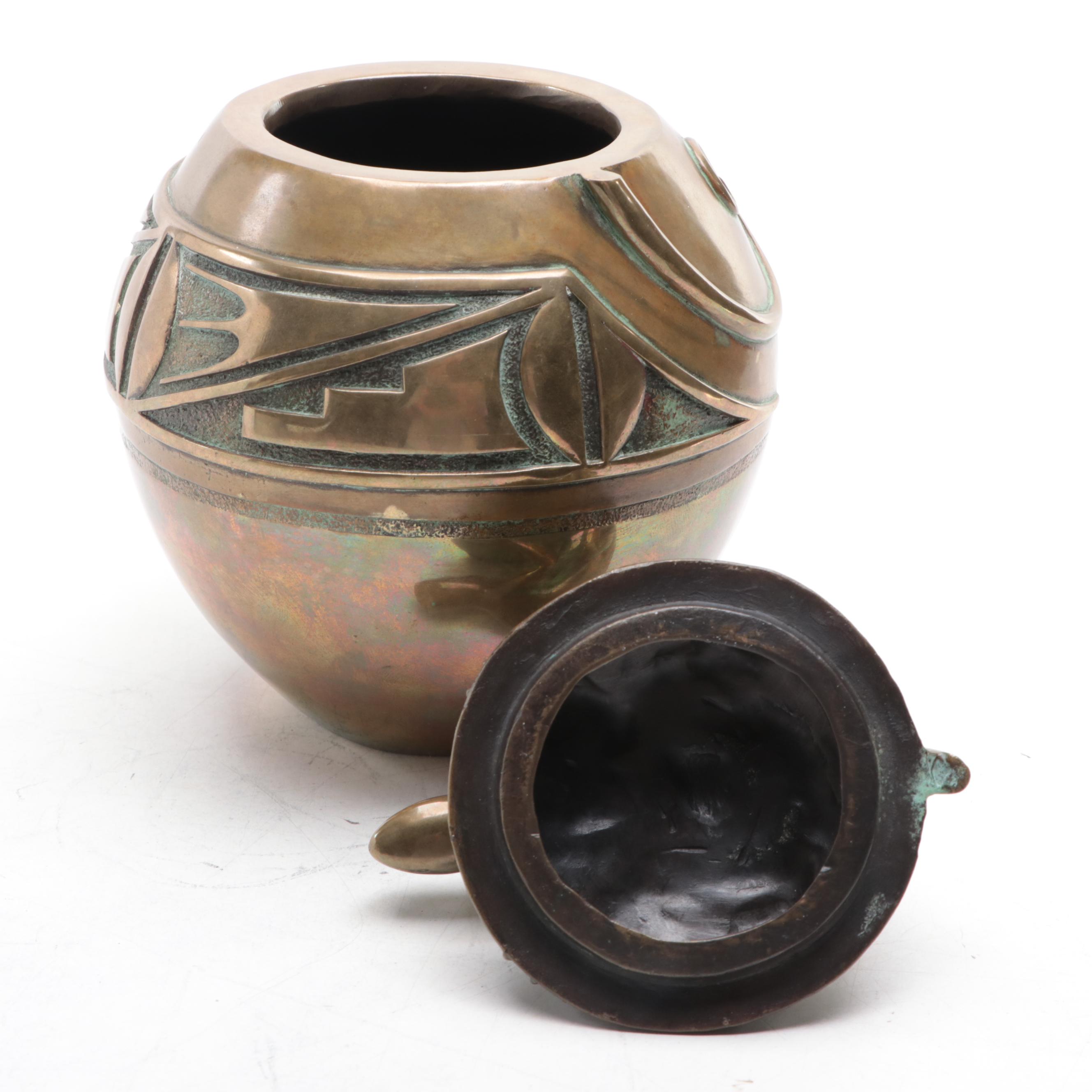 Tony Da San Ildefonso Pueblo Cast Bronze and Turquoise Lizard Lidded Jar