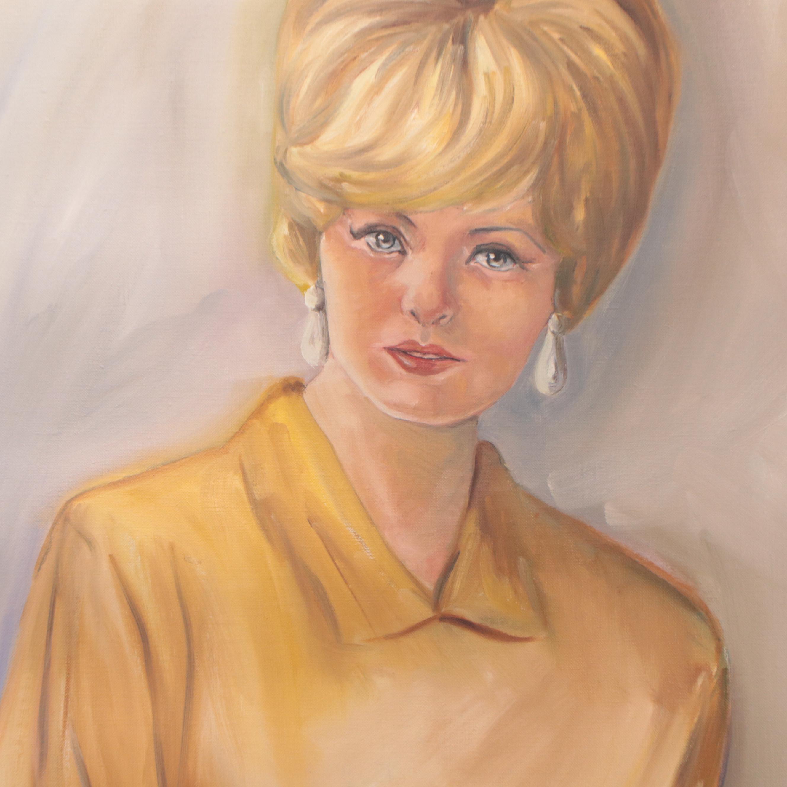 Portrait Oil Painting of Blonde Woman in Gold Shirt and Skirt, Mid-20th Century