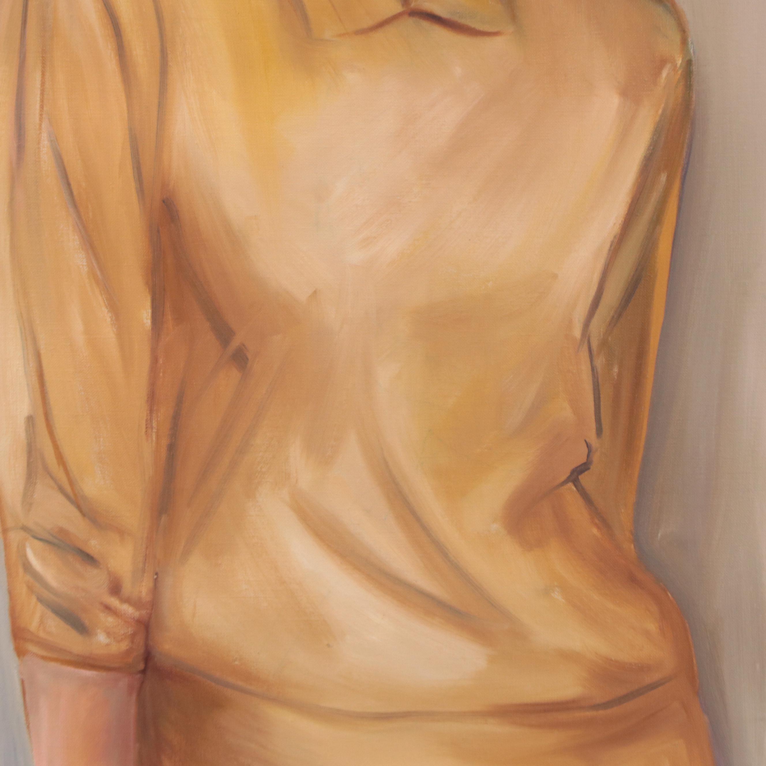 Portrait Oil Painting of Blonde Woman in Gold Shirt and Skirt, Mid-20th Century