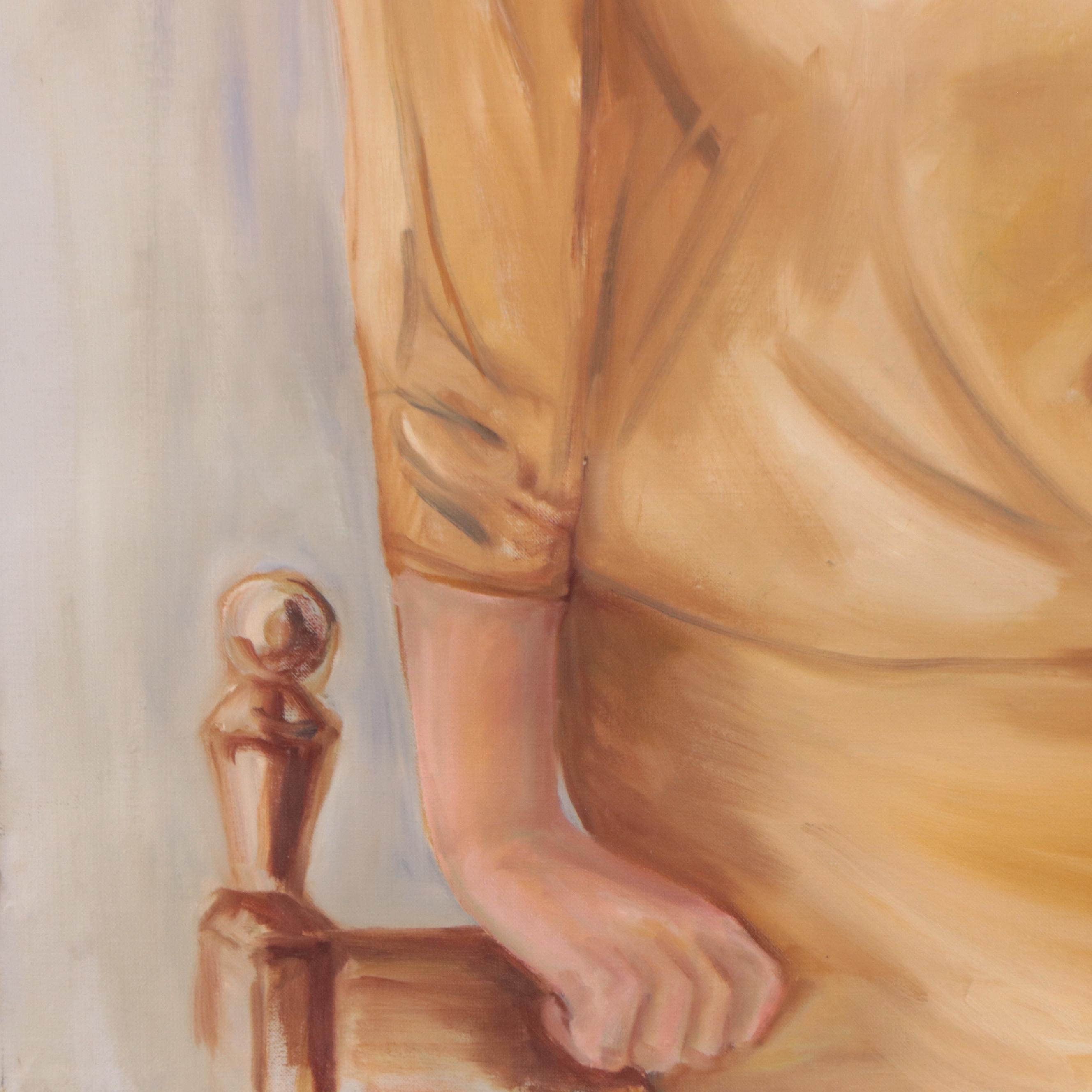 Portrait Oil Painting of Blonde Woman in Gold Shirt and Skirt, Mid-20th Century