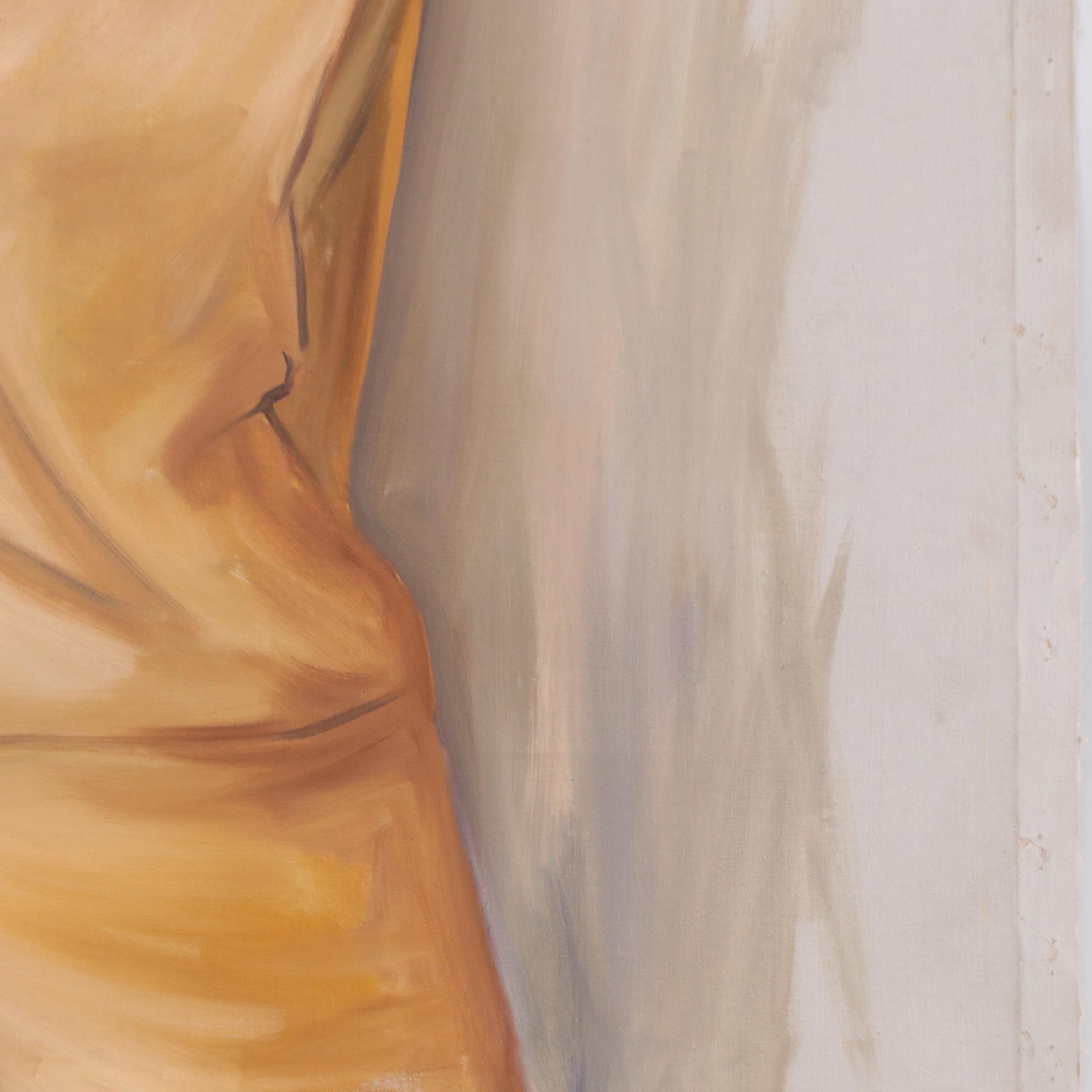 Portrait Oil Painting of Blonde Woman in Gold Shirt and Skirt, Mid-20th Century