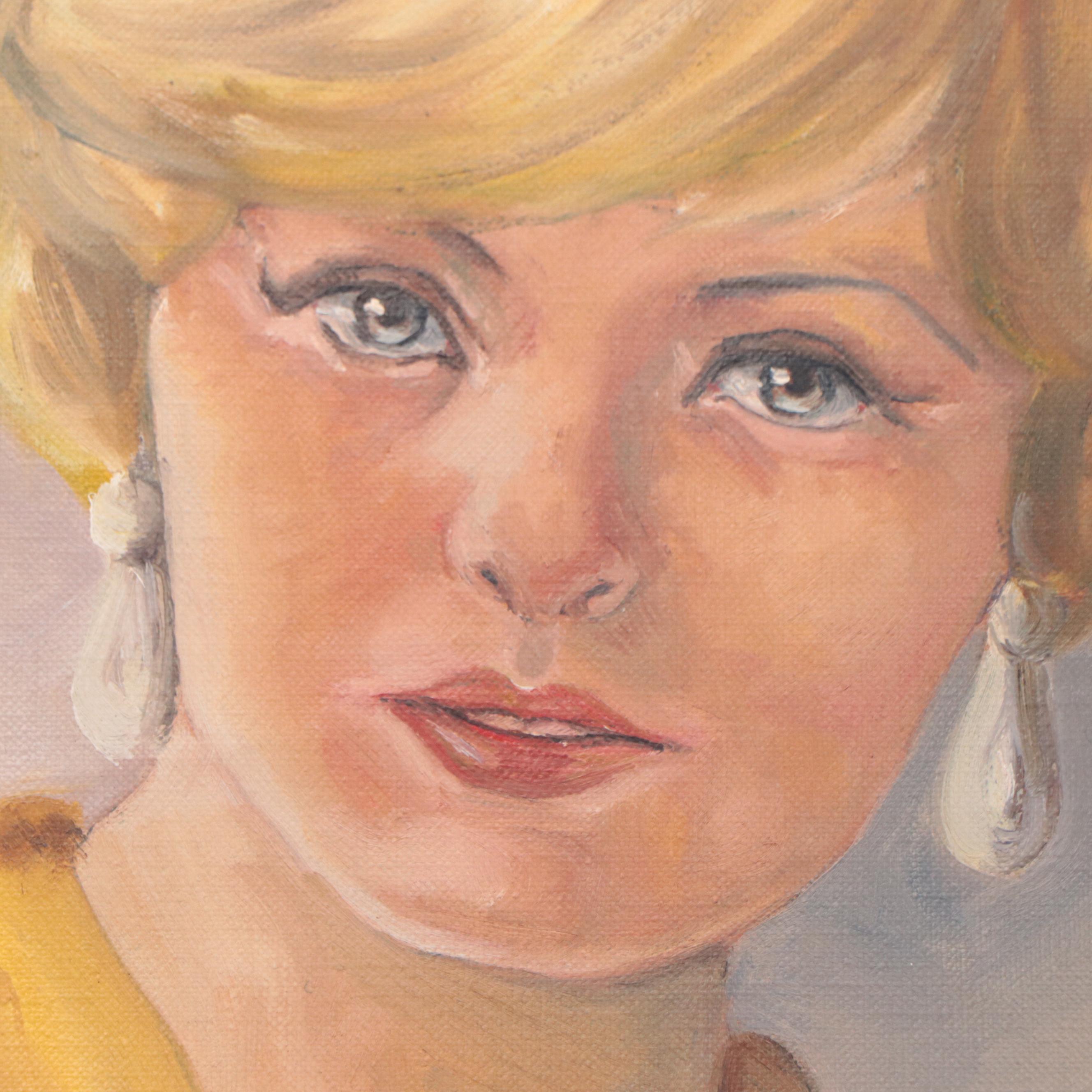 Portrait Oil Painting of Blonde Woman in Gold Shirt and Skirt, Mid-20th Century