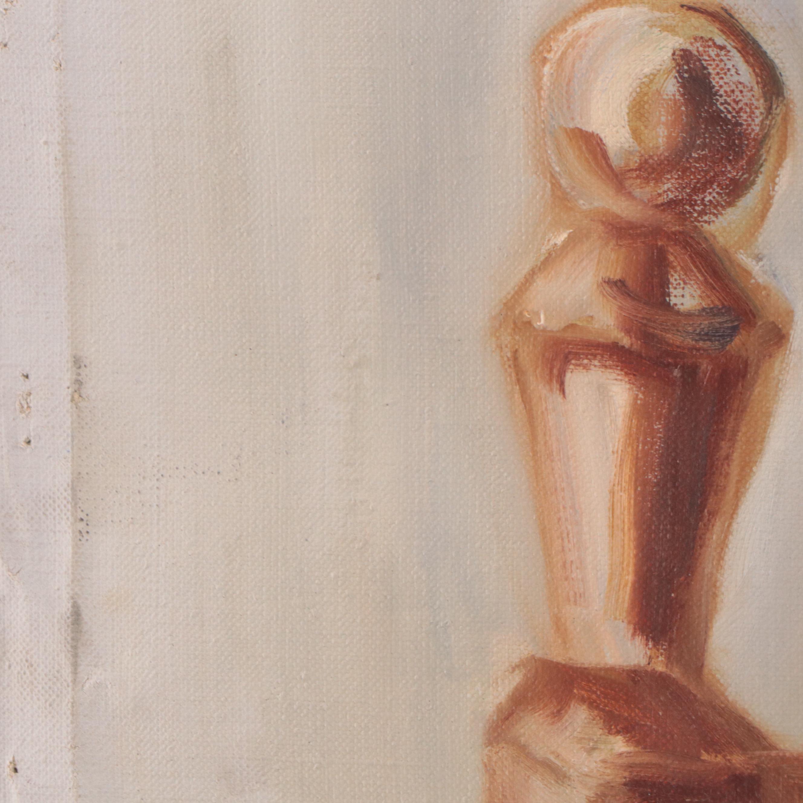 Portrait Oil Painting of Blonde Woman in Gold Shirt and Skirt, Mid-20th Century