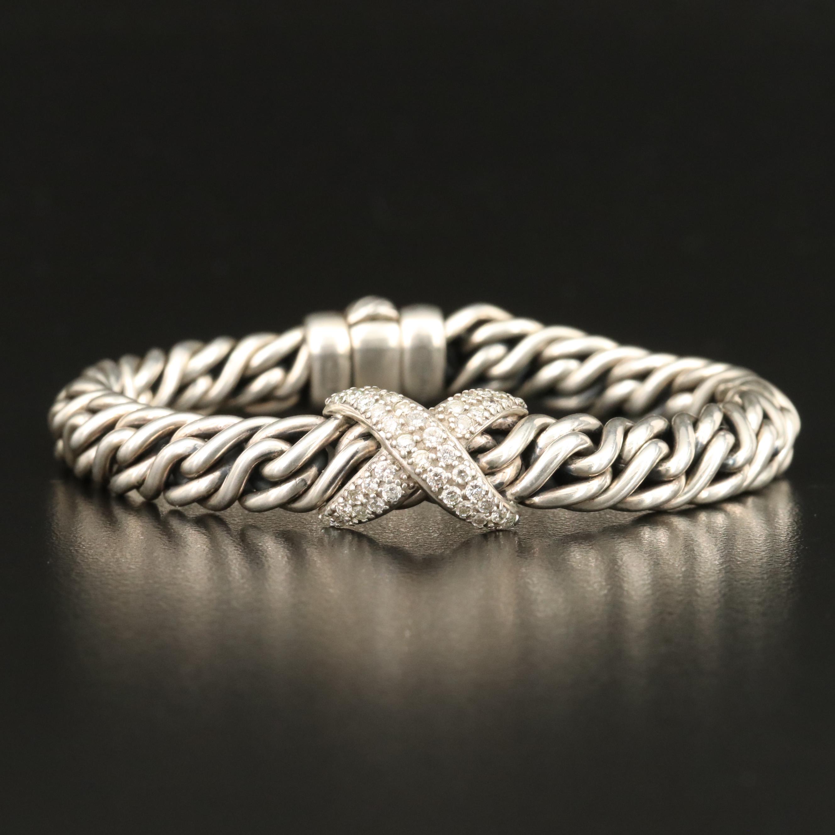 David Yurman Sterling Diamond "X" Wheat Chain Bracelet