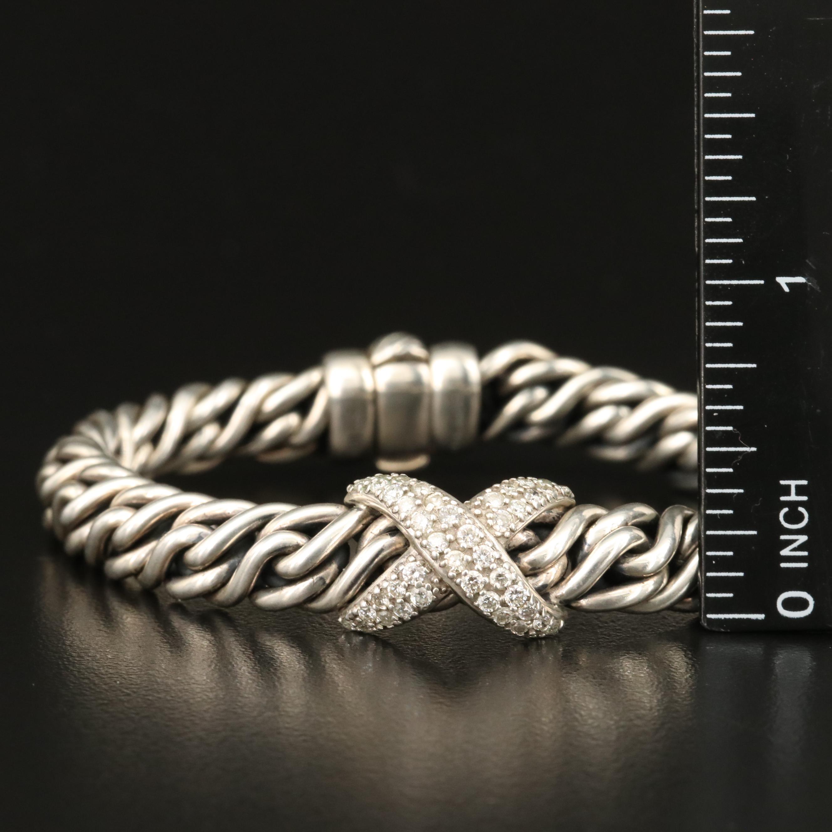 David Yurman Sterling Diamond "X" Wheat Chain Bracelet