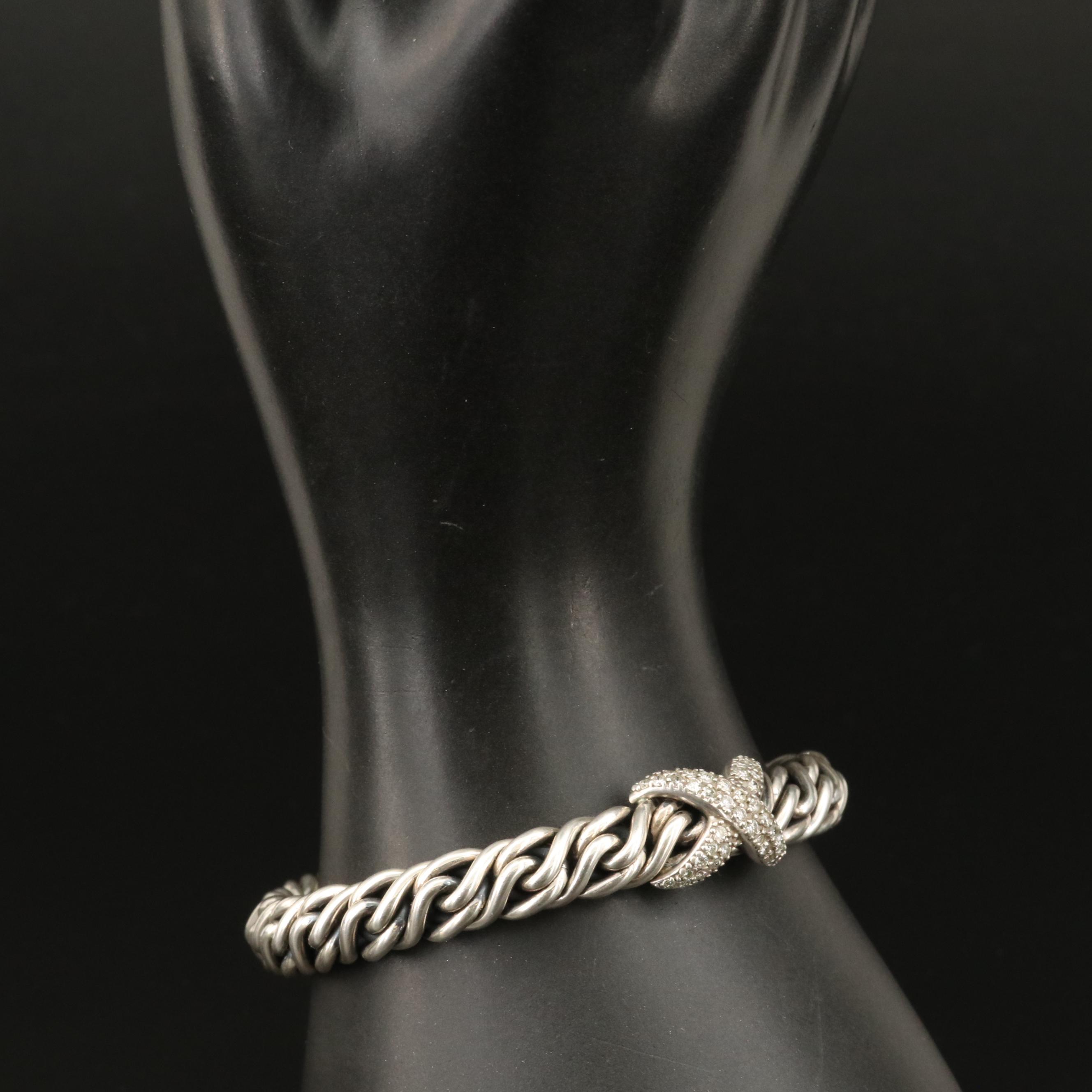 David Yurman Sterling Diamond "X" Wheat Chain Bracelet