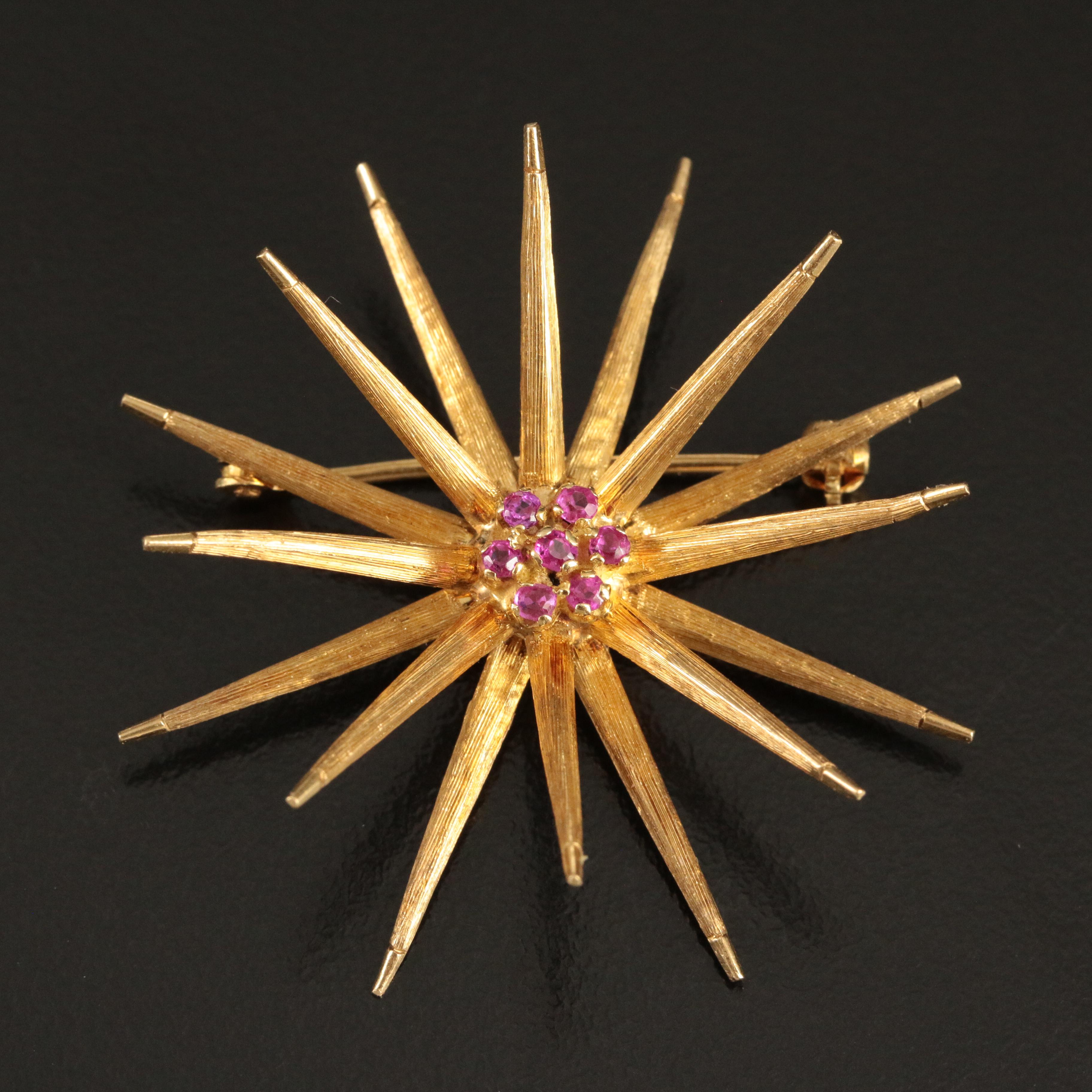 Vintage 18K Ruby Star Burst Brooch