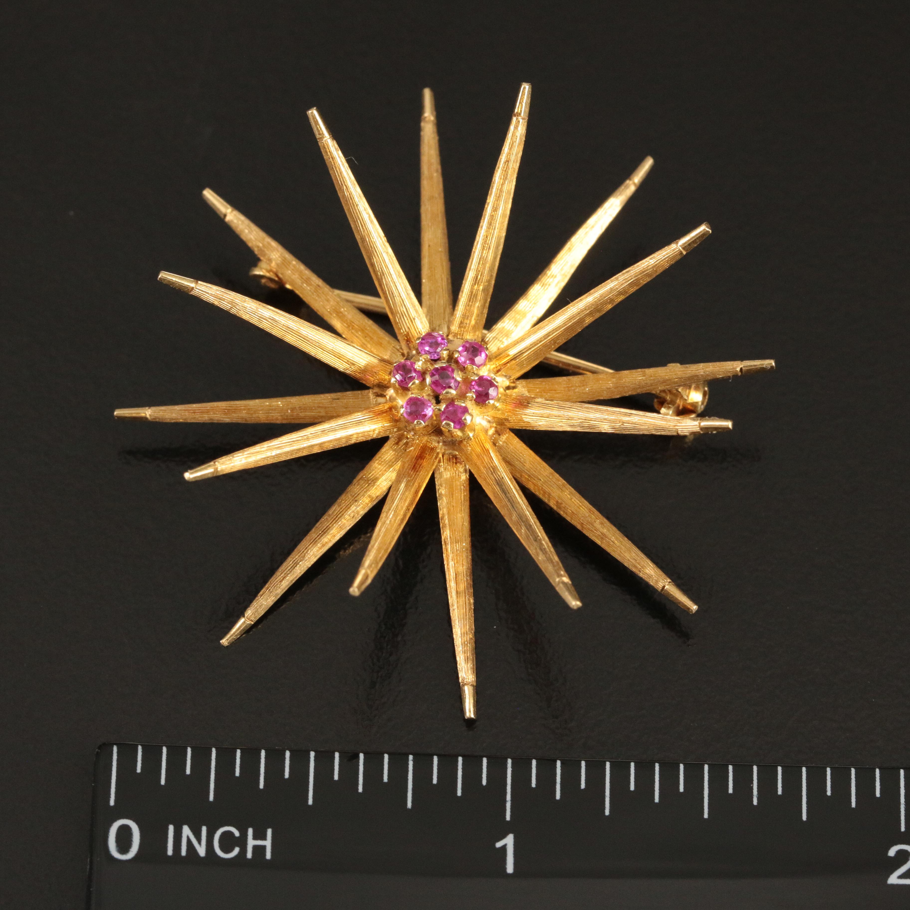 Vintage 18K Ruby Star Burst Brooch