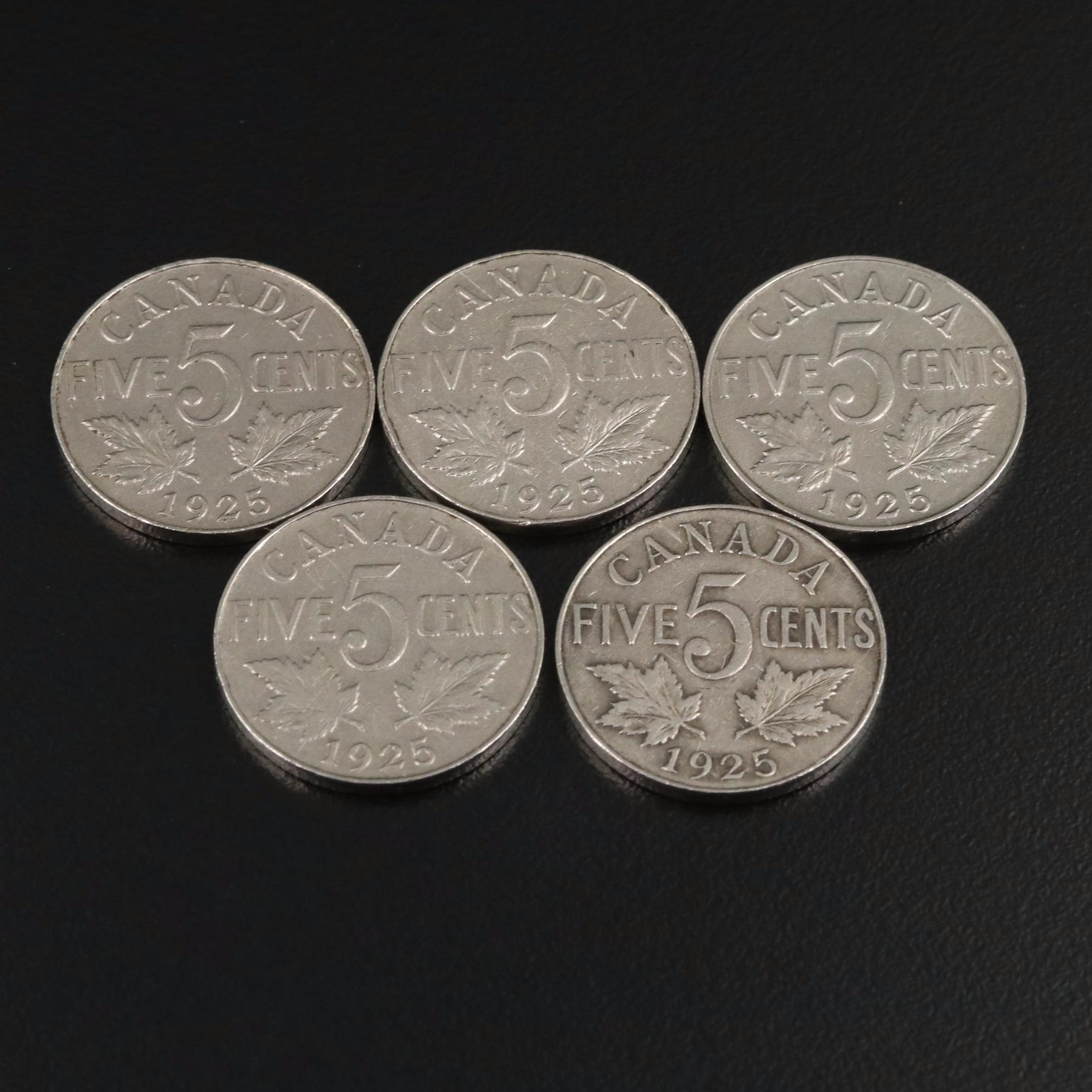 Five 1925 Canada 5 Cent Coins