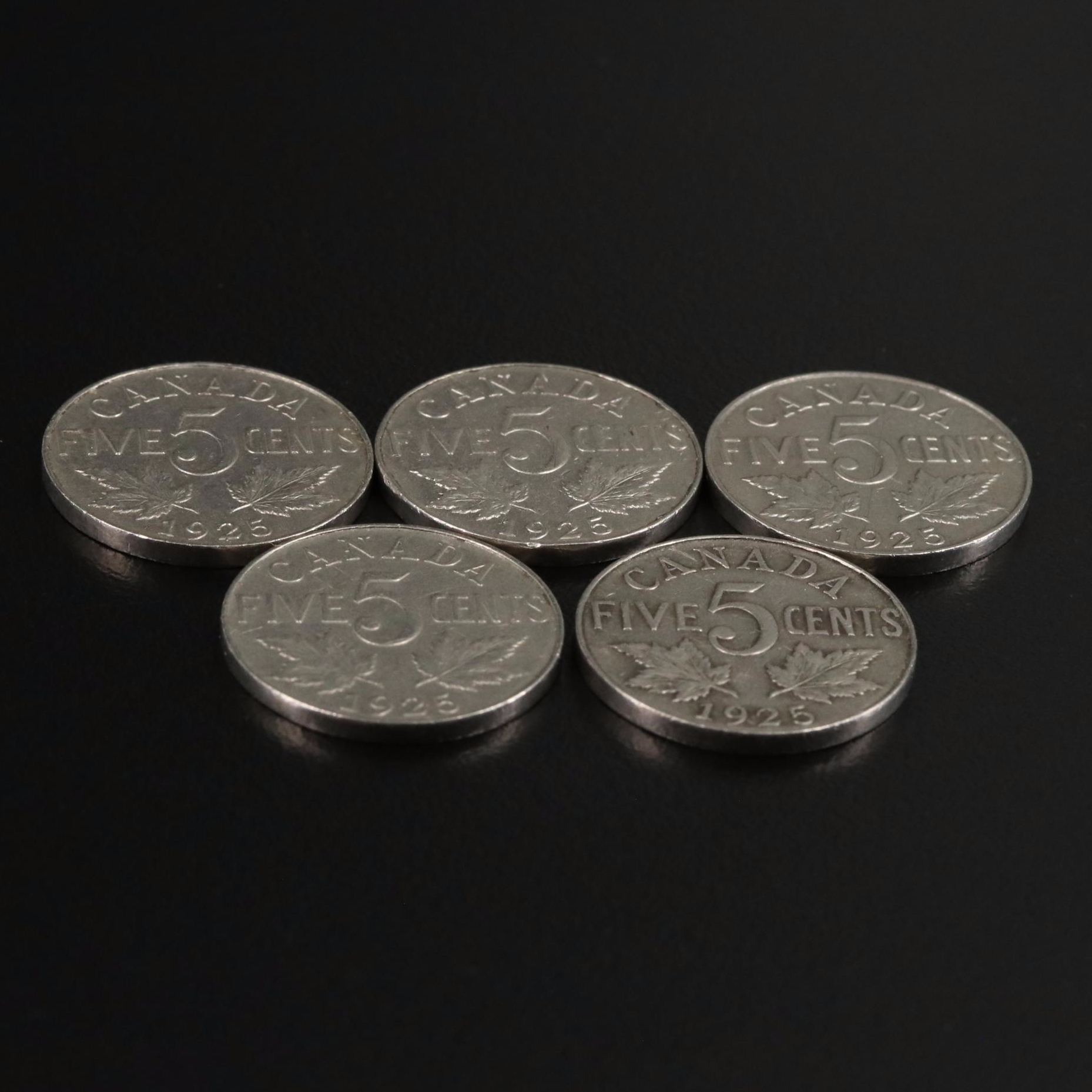 Five 1925 Canada 5 Cent Coins
