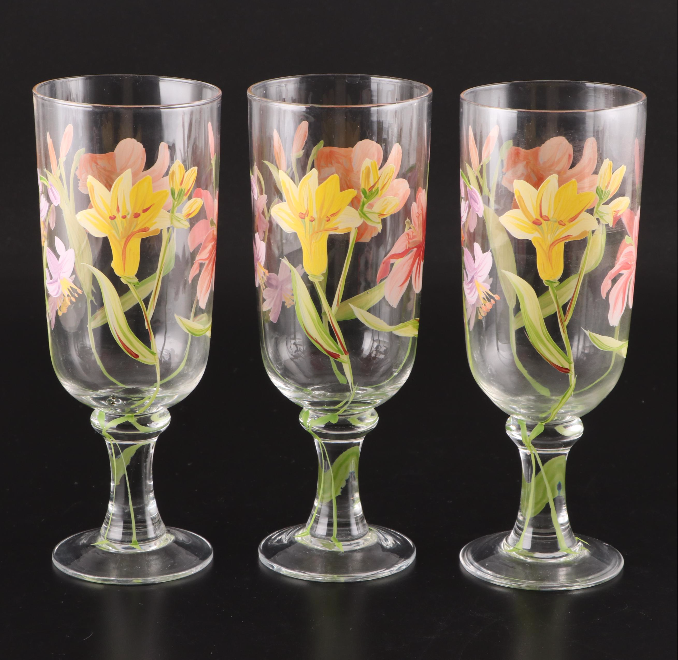 Block "Tropical Lilies" Hand-Painted Crystal Iced Tea Glasses