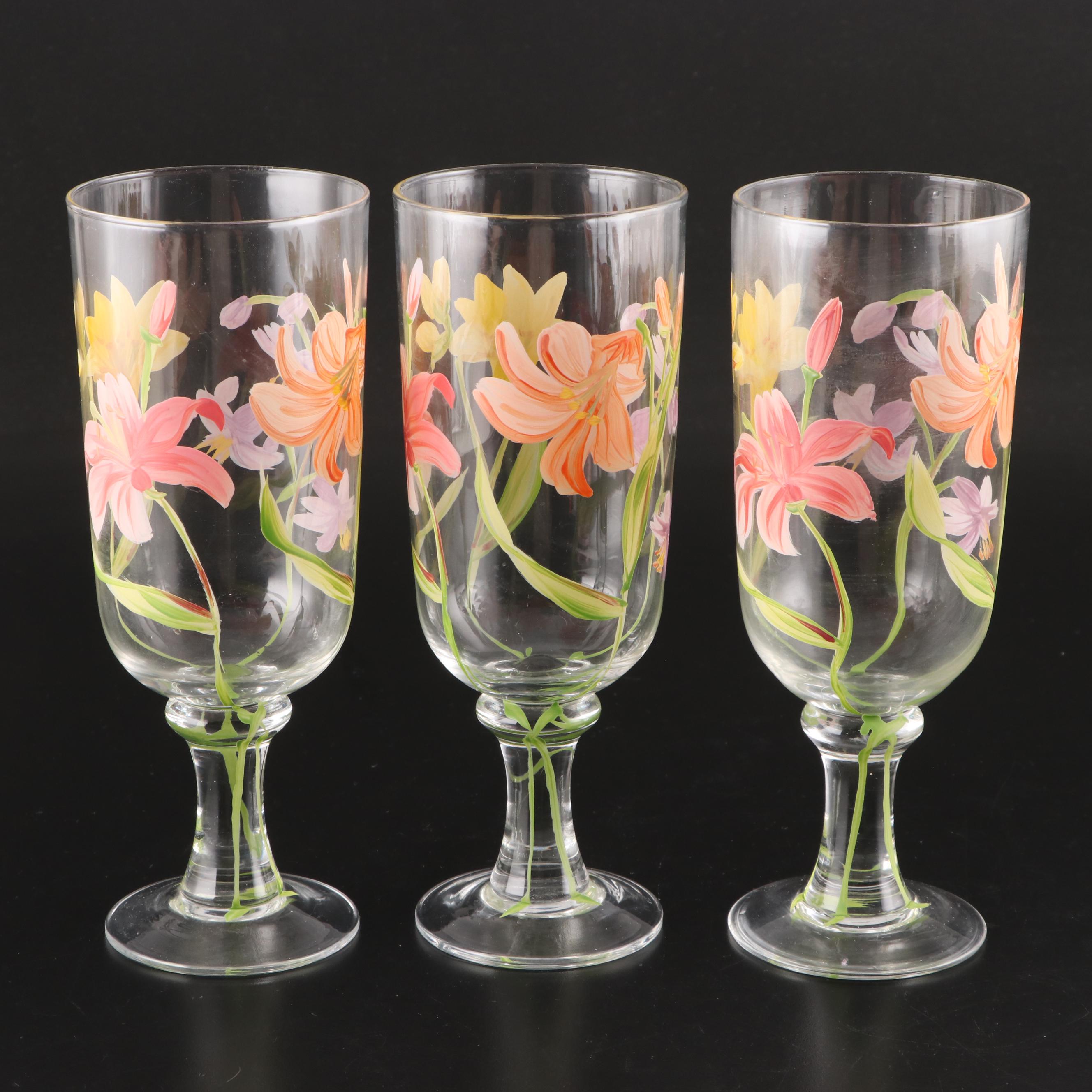Block "Tropical Lilies" Hand-Painted Crystal Iced Tea Glasses