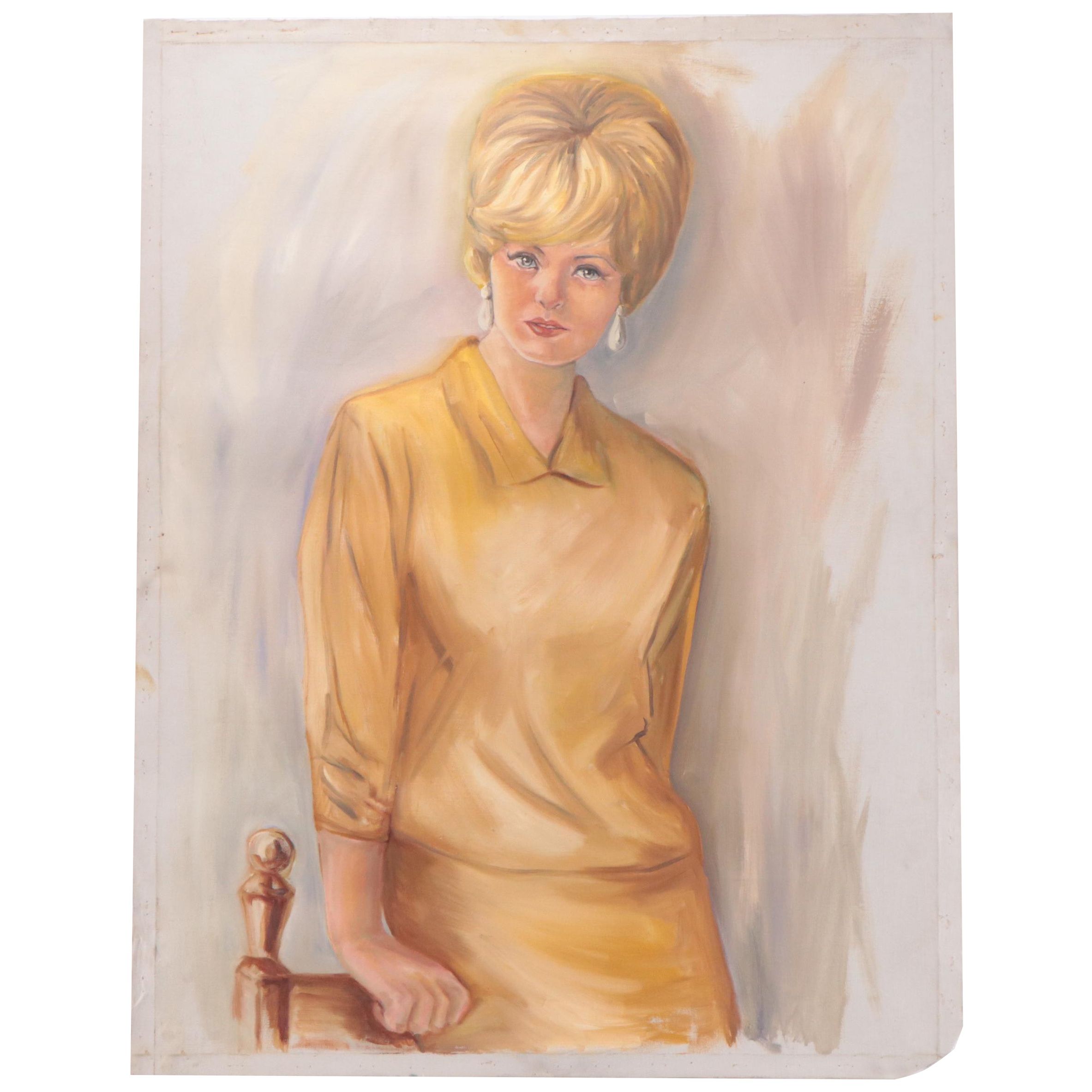 Portrait Oil Painting of Blonde Woman in Gold Shirt and Skirt, Mid-20th Century