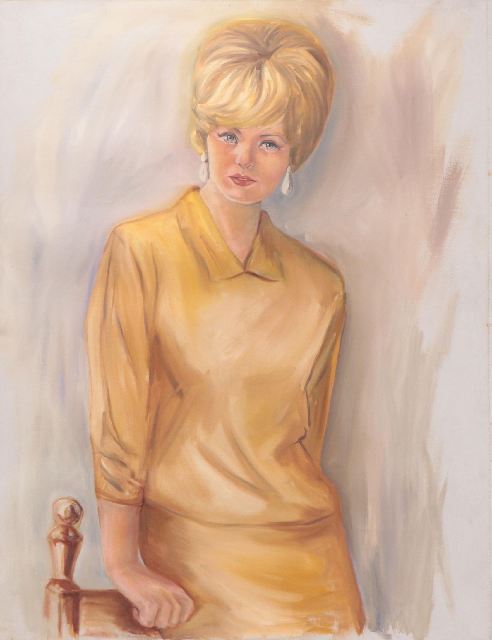 Portrait Oil Painting of Blonde Woman in Gold Shirt and Skirt, Mid-20th Century