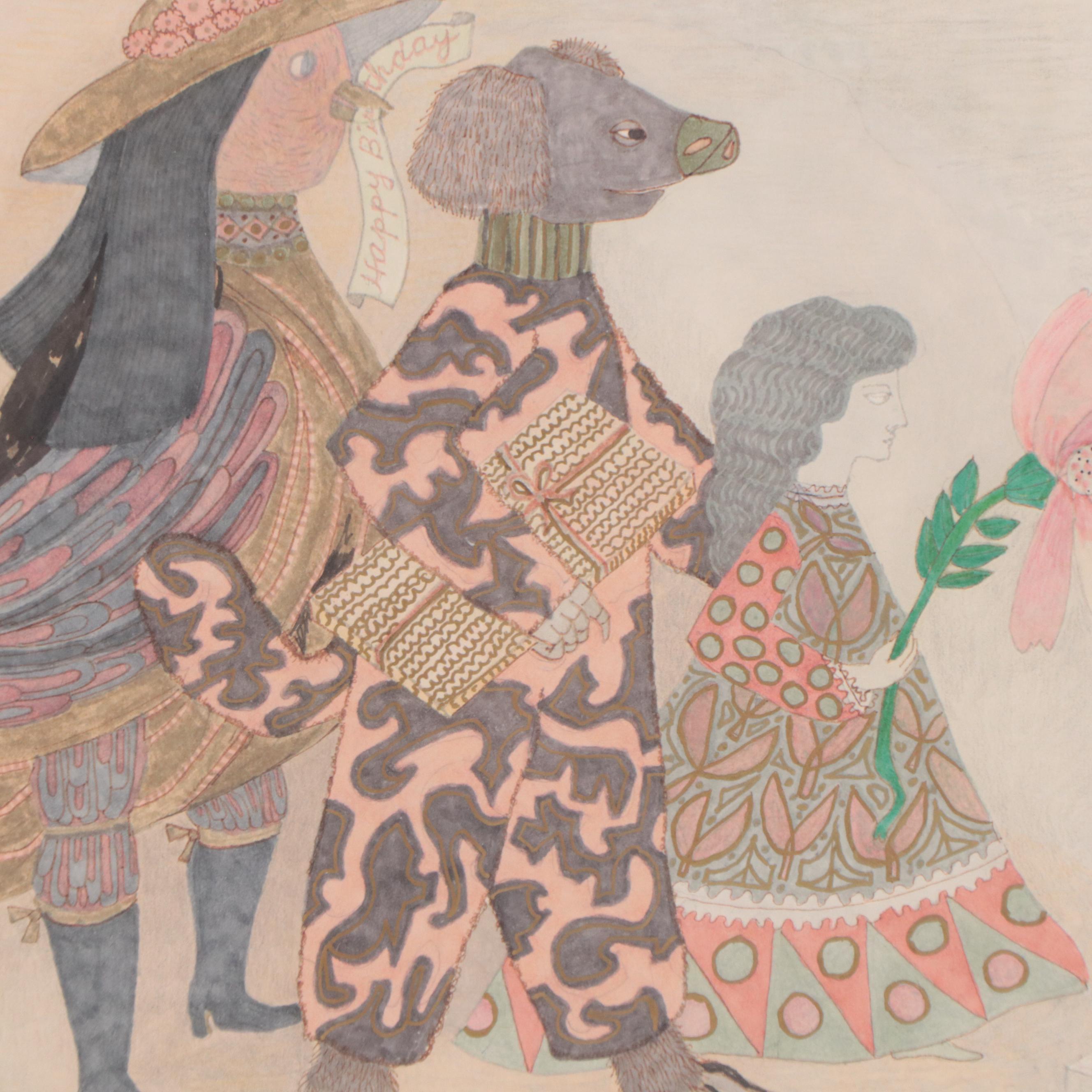 Evelyn Marx Watercolor Painting of Anthropomorphic Figures