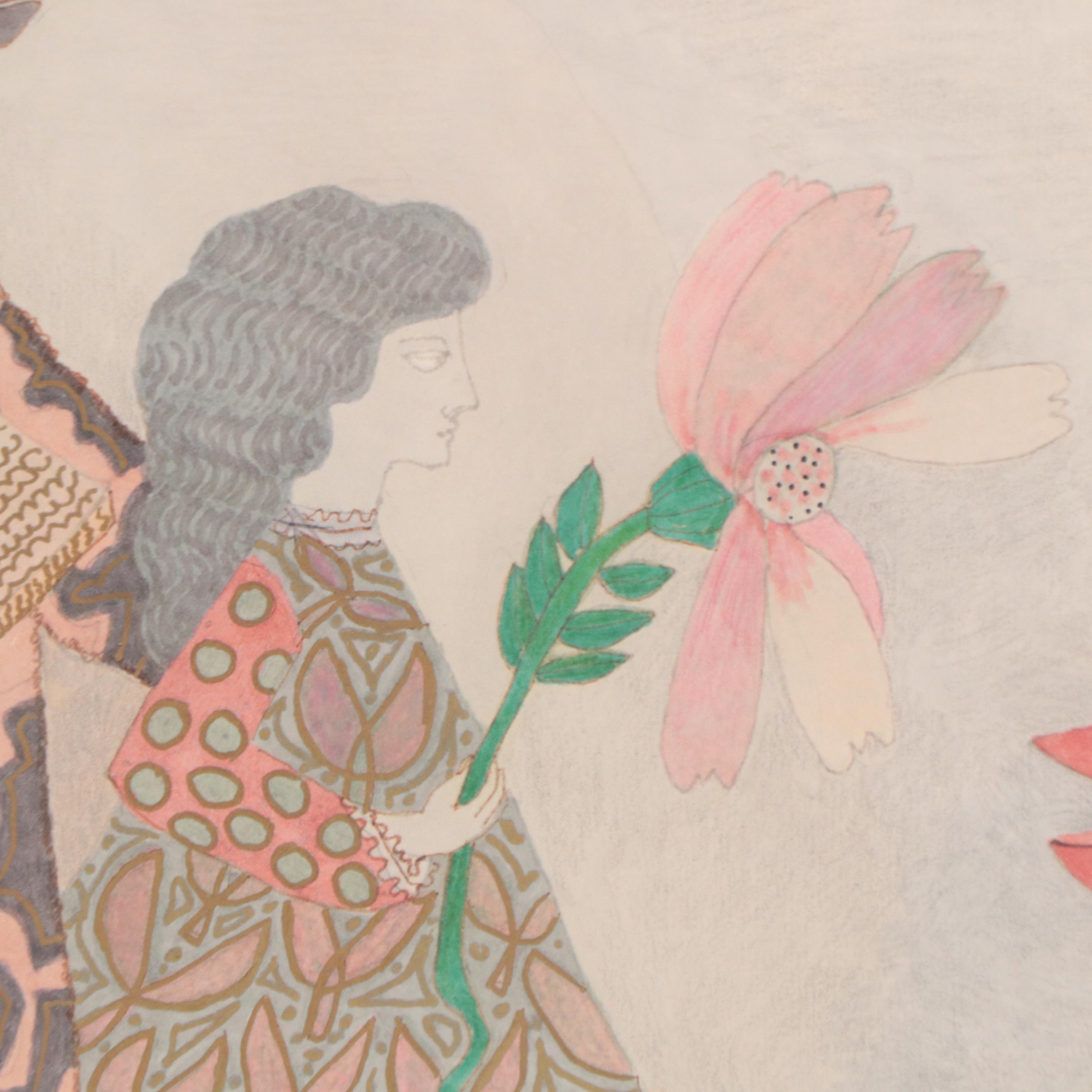 Evelyn Marx Watercolor Painting of Anthropomorphic Figures