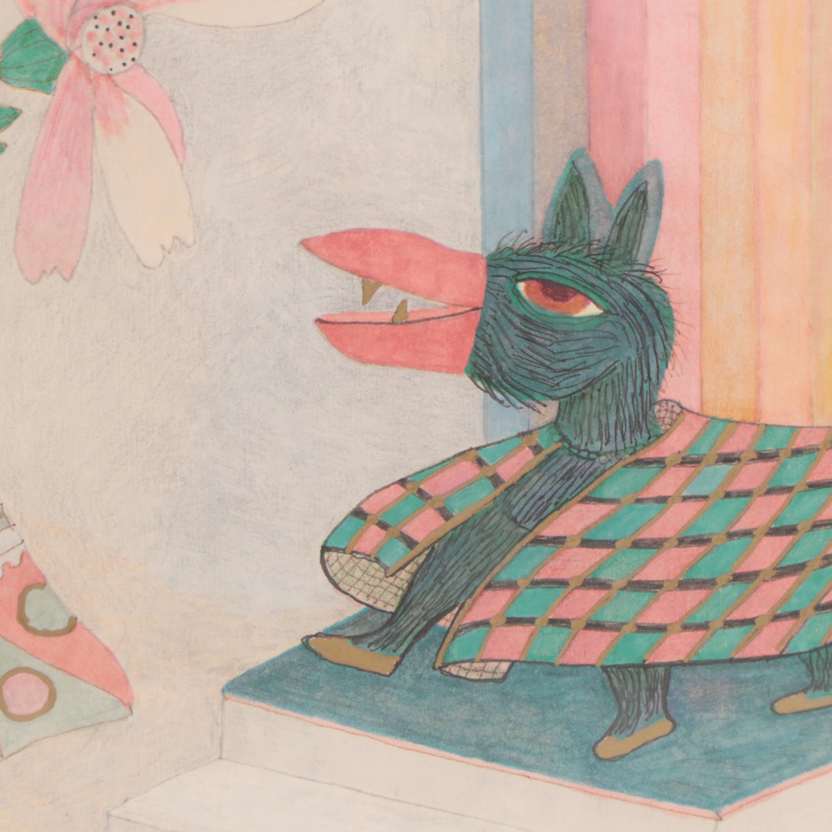 Evelyn Marx Watercolor Painting of Anthropomorphic Figures