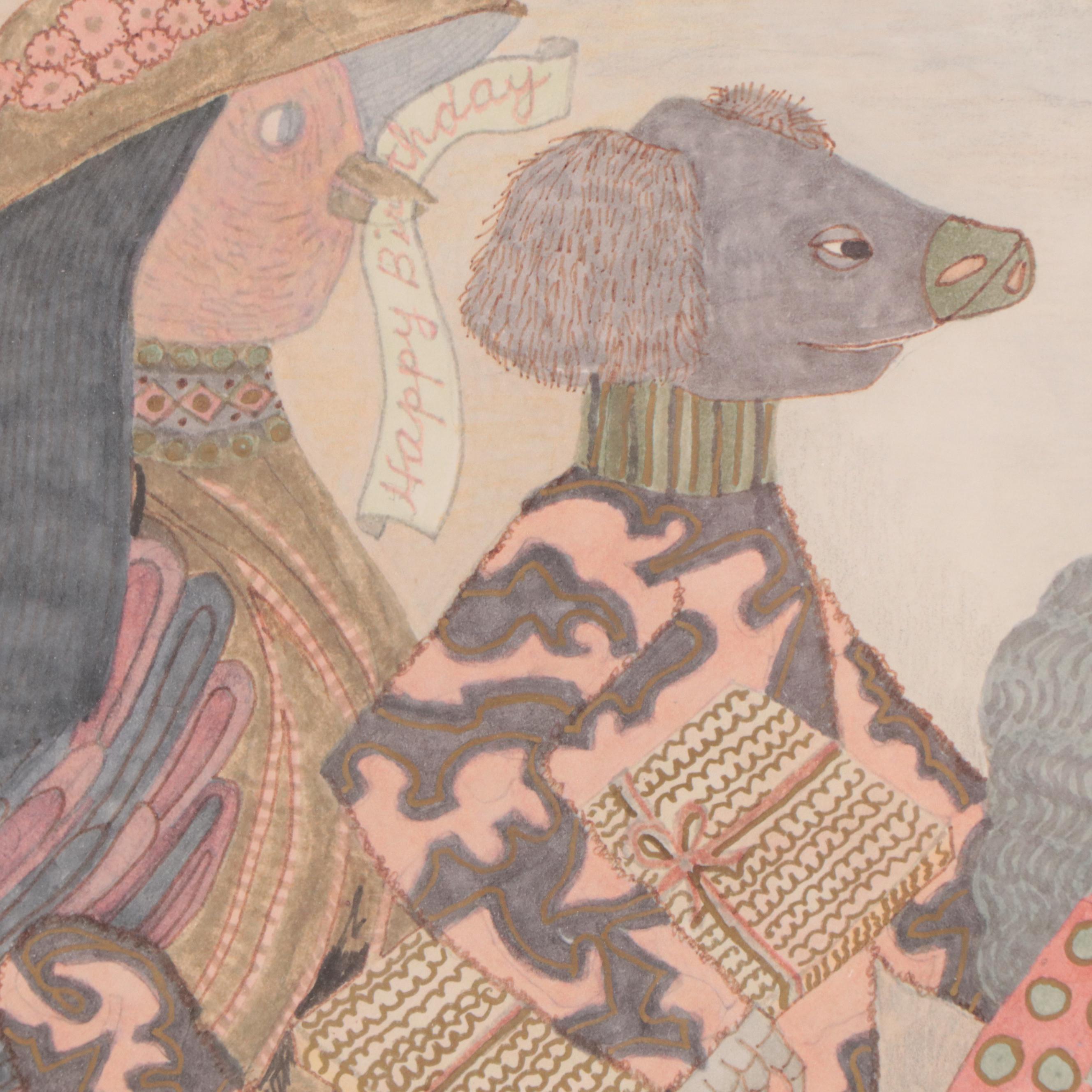 Evelyn Marx Watercolor Painting of Anthropomorphic Figures