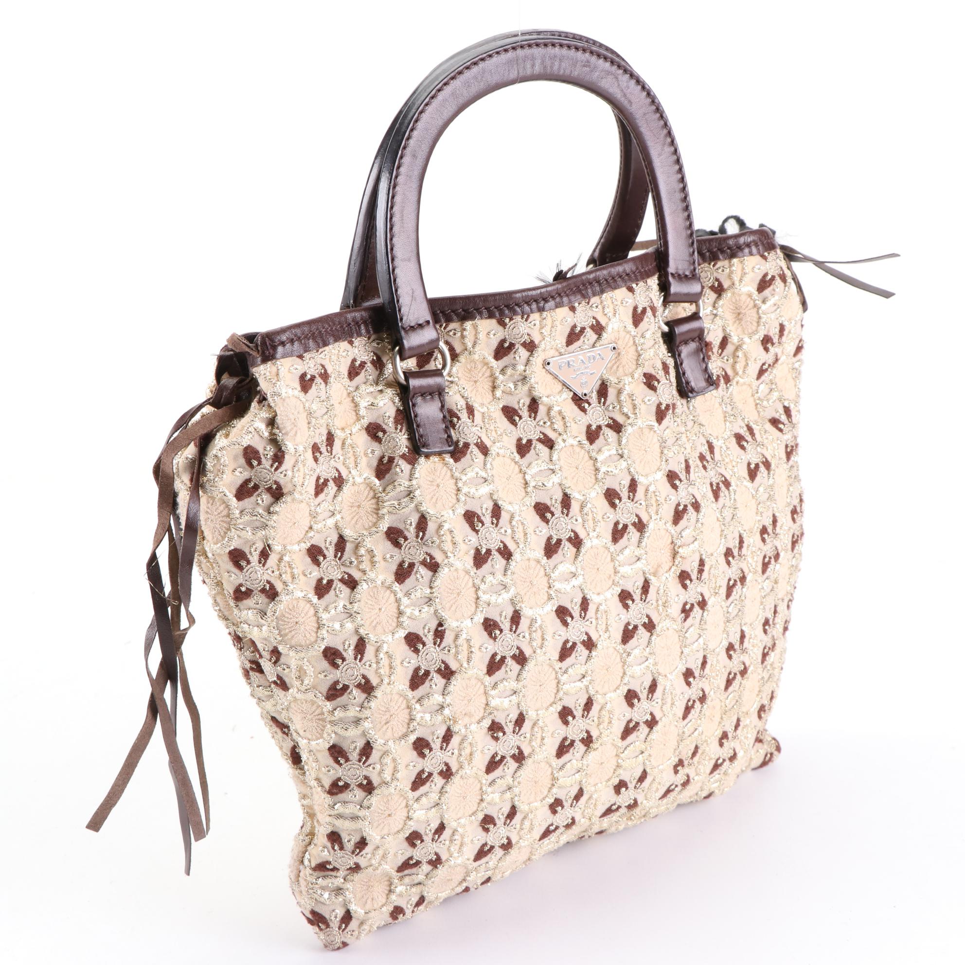 Prada Handbag in Metallic Brocade with Leather Trim