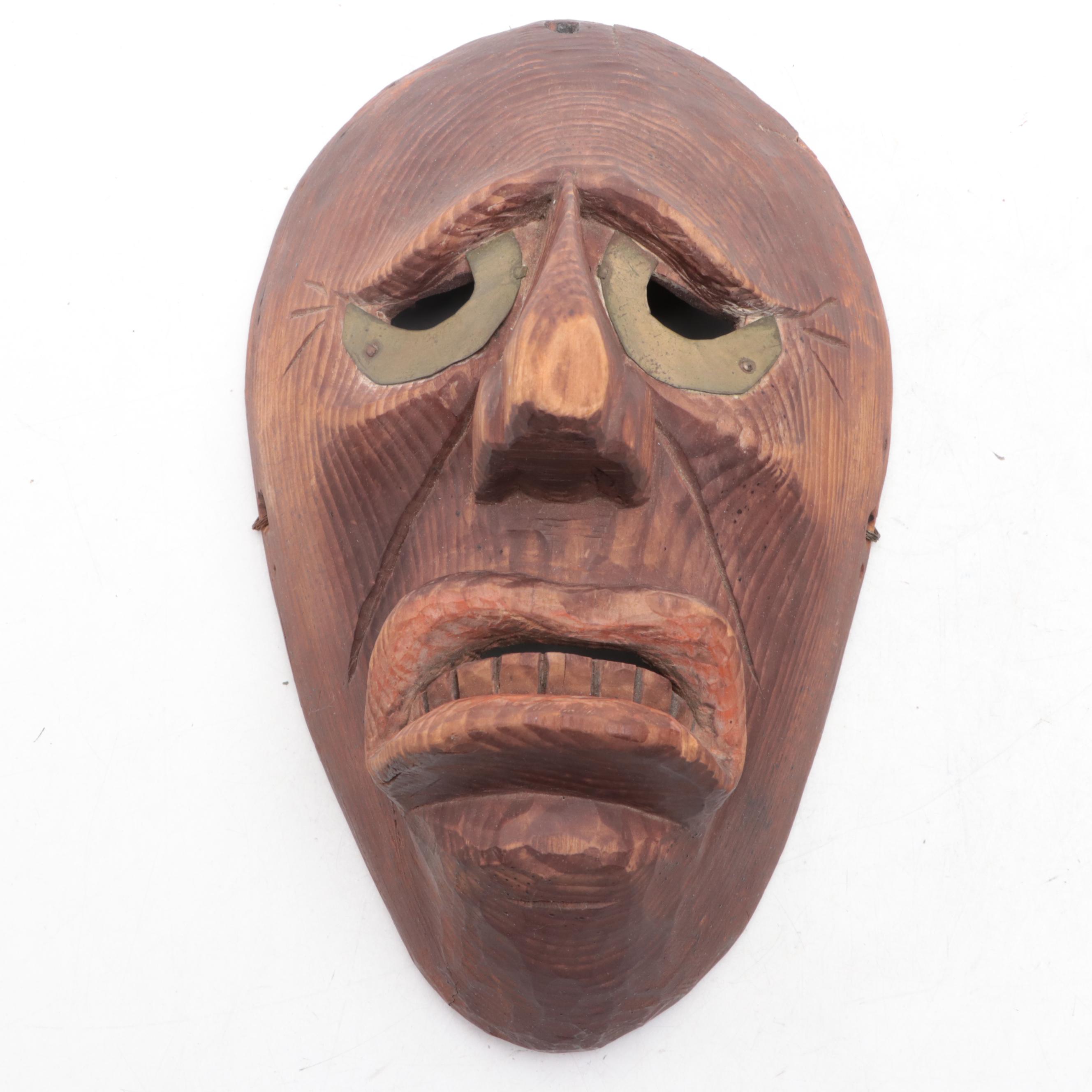 Tlingit or Haida Carved Ladle and Iroquois Brass-Mounted Pine Mask