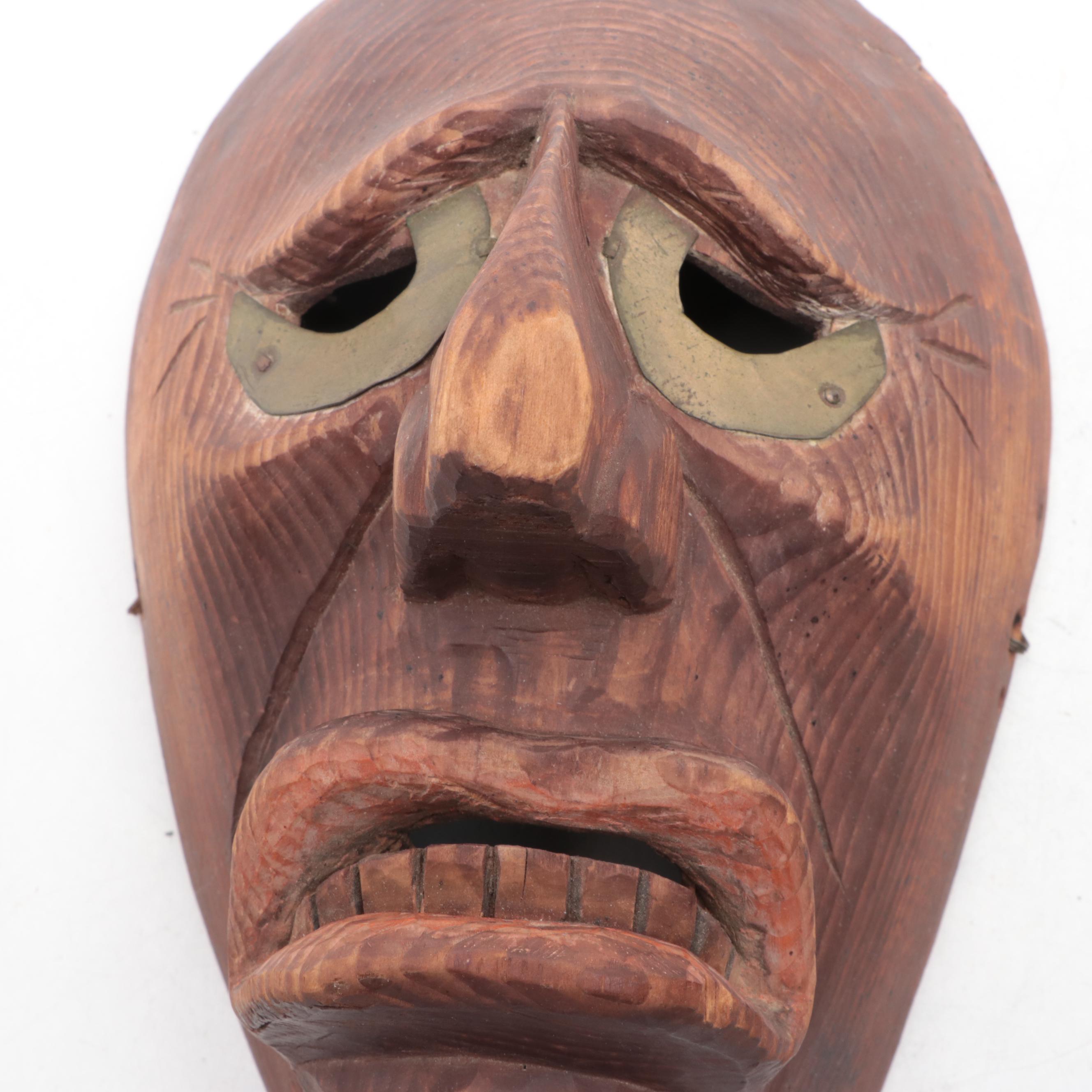 Tlingit or Haida Carved Ladle and Iroquois Brass-Mounted Pine Mask