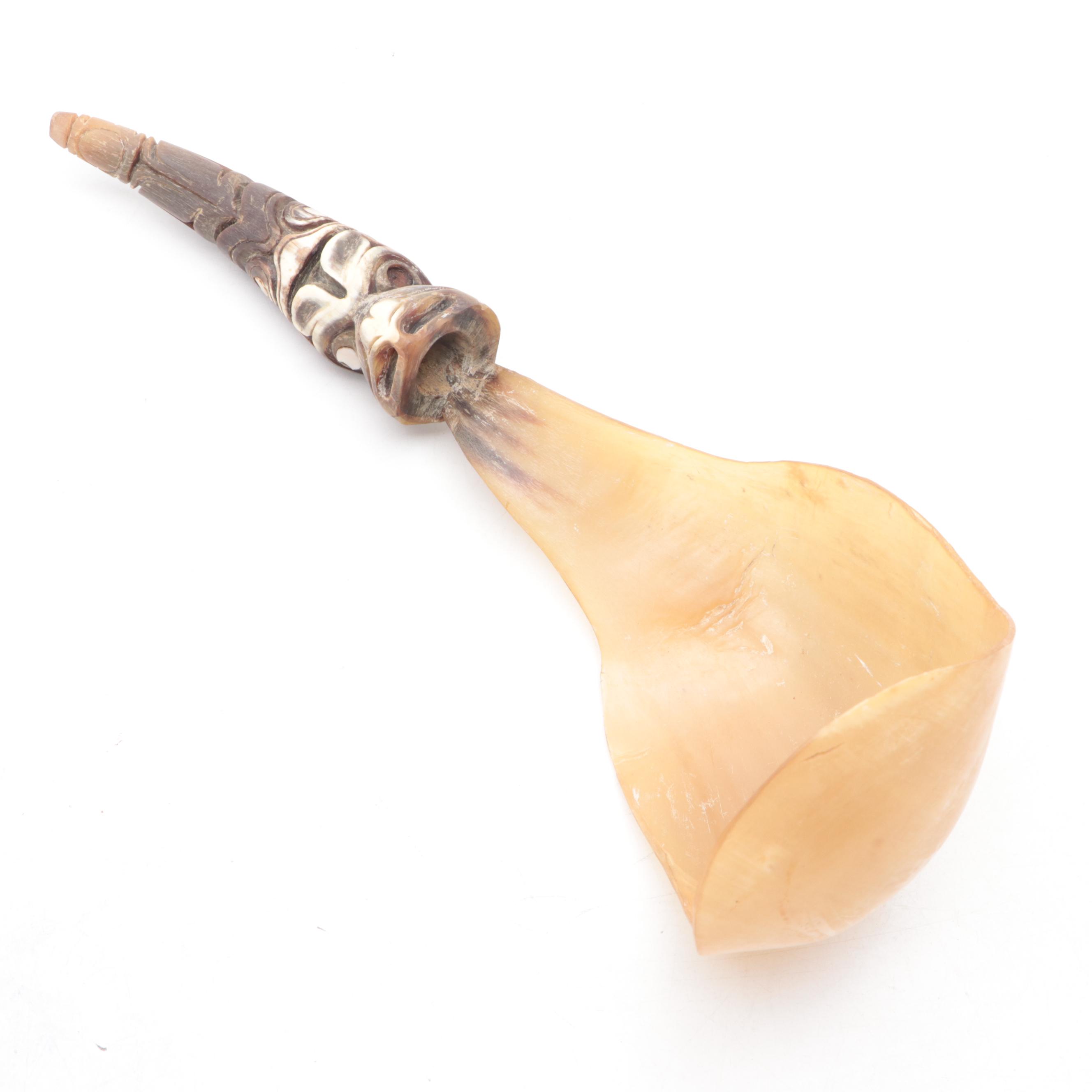 Tlingit or Haida Carved Ladle and Iroquois Brass-Mounted Pine Mask