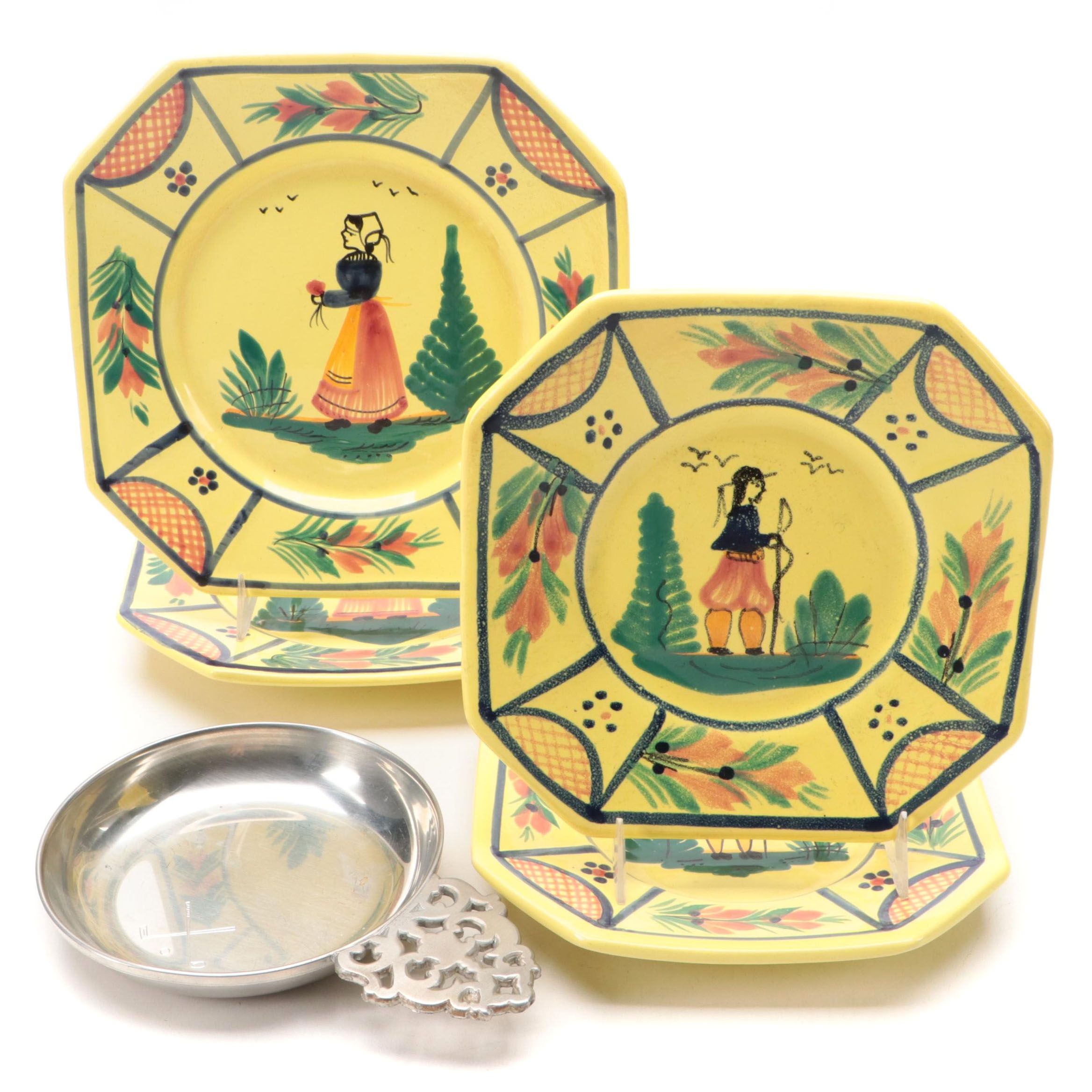 Quimper Faïence "Soleil Yellow" Tableware with Woodbury Pewter Porringer