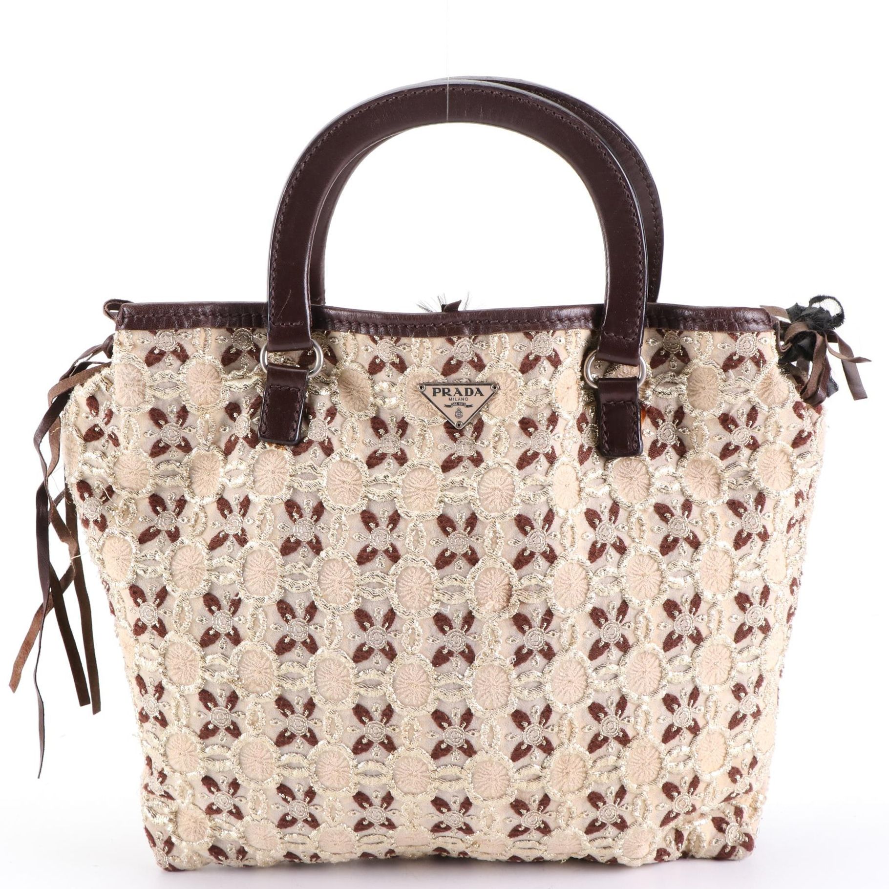 Prada Handbag in Metallic Brocade with Leather Trim
