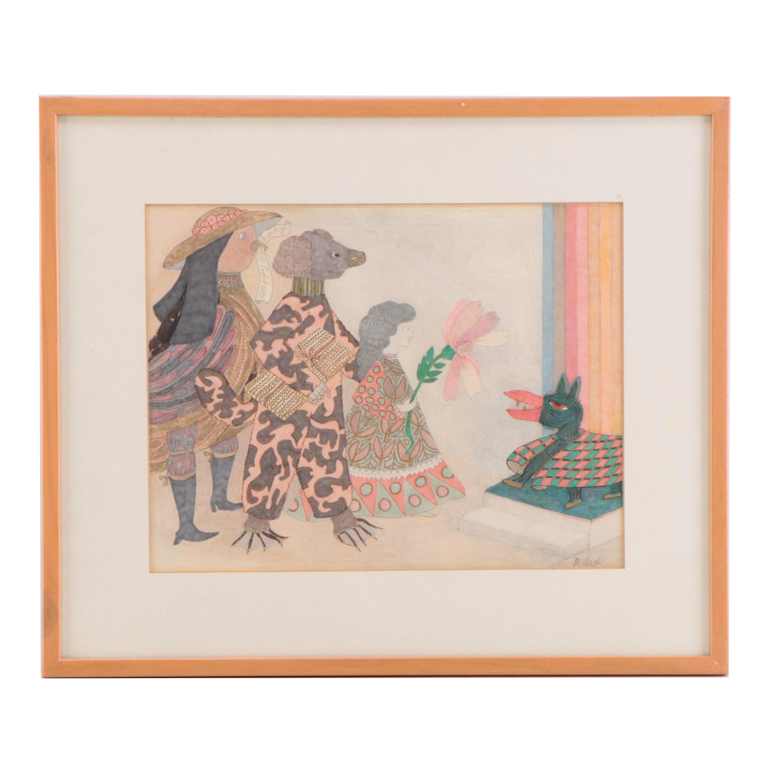 Evelyn Marx Watercolor Painting of Anthropomorphic Figures