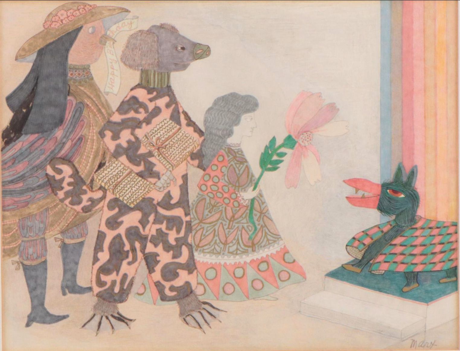 Evelyn Marx Watercolor Painting of Anthropomorphic Figures