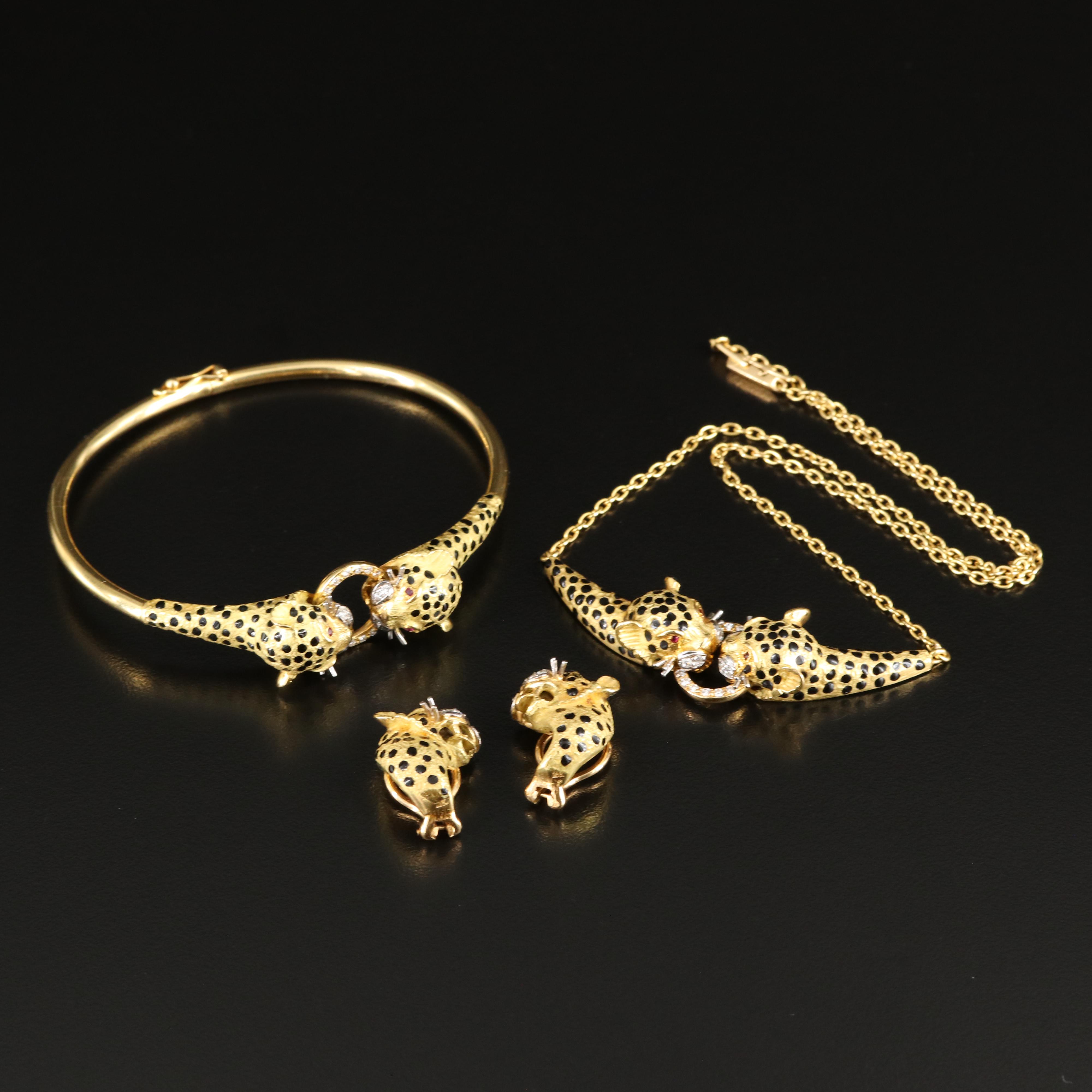 Ramon 18K Diamond, Ruby and Enamel Leopard Jewelry Set