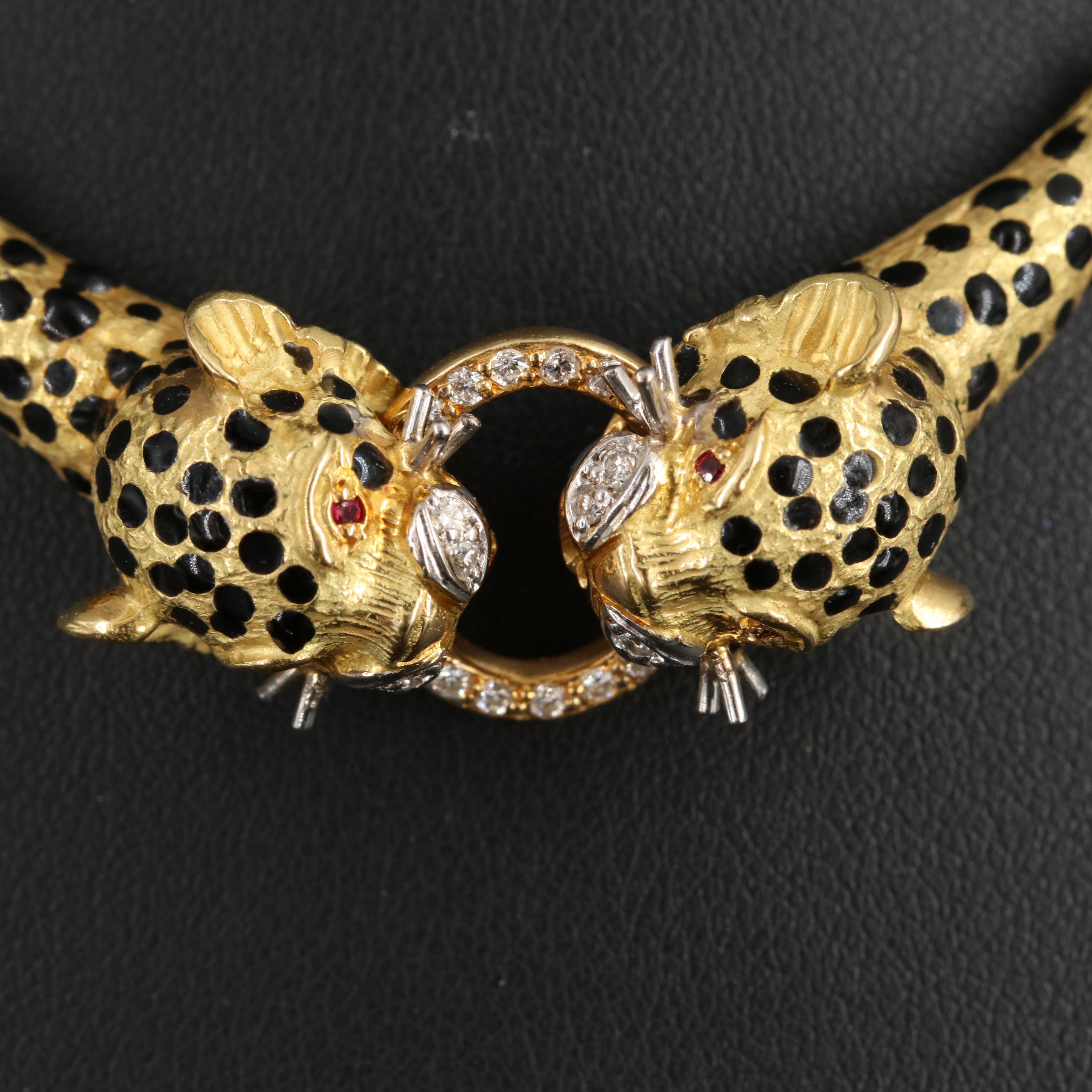 Ramon 18K Diamond, Ruby and Enamel Leopard Jewelry Set