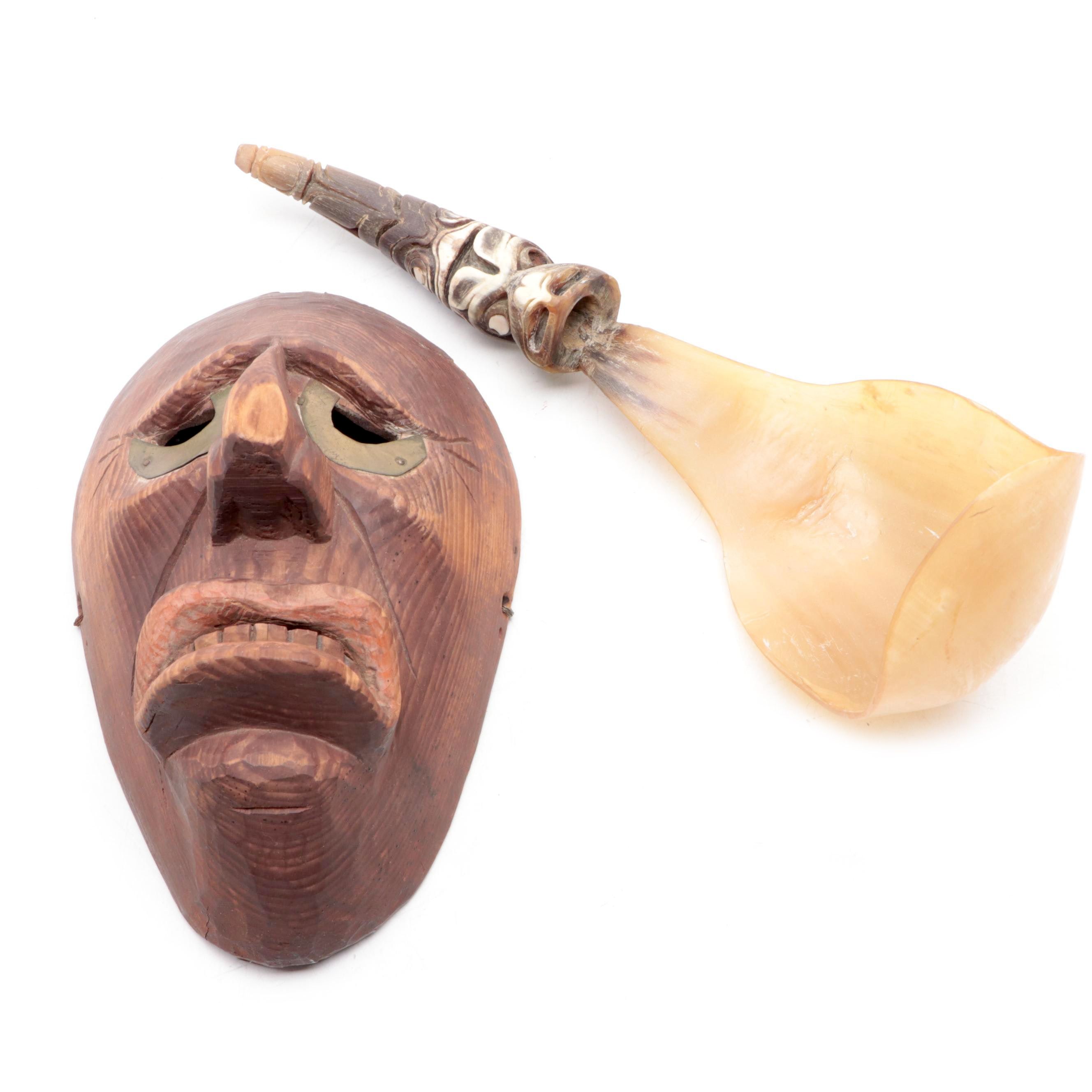 Tlingit or Haida Carved Ladle and Iroquois Brass-Mounted Pine Mask